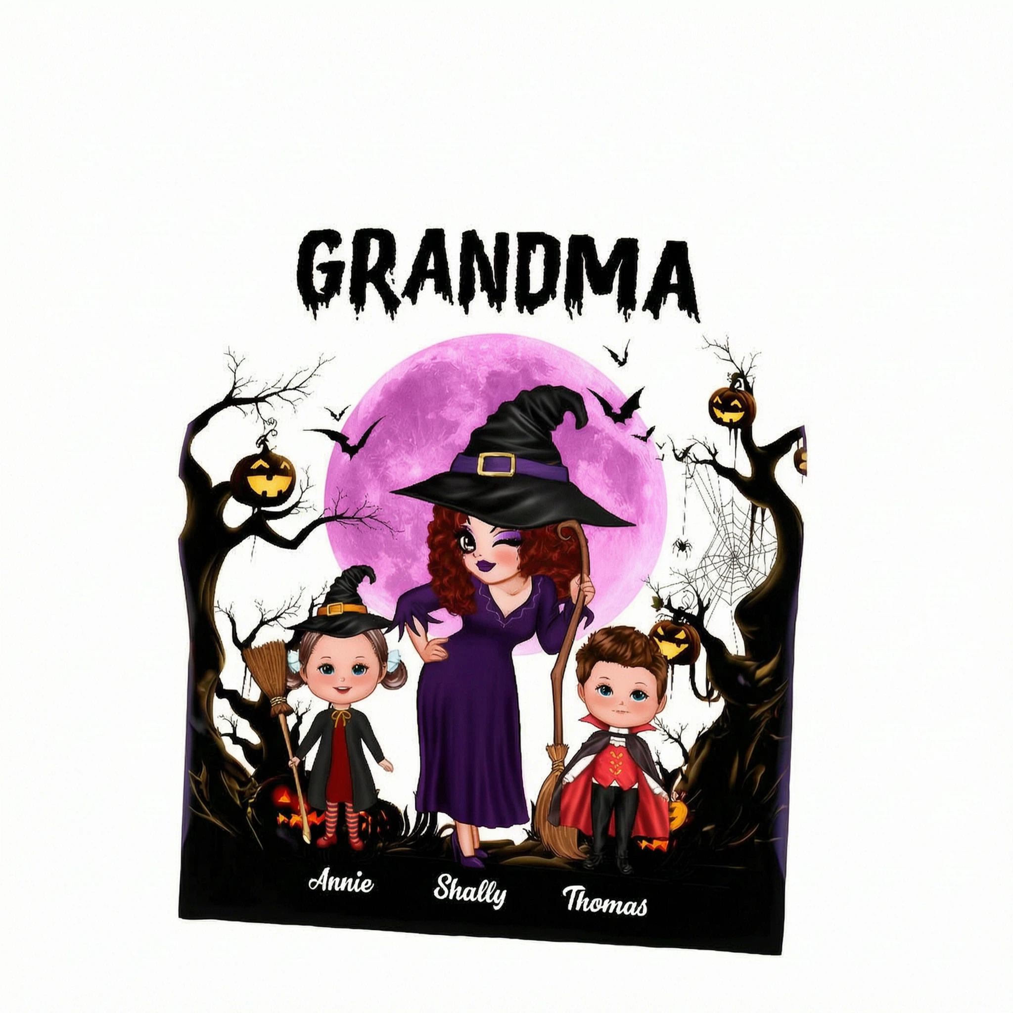 Pretty Grandma Witch & Kids Moon Bat Tree