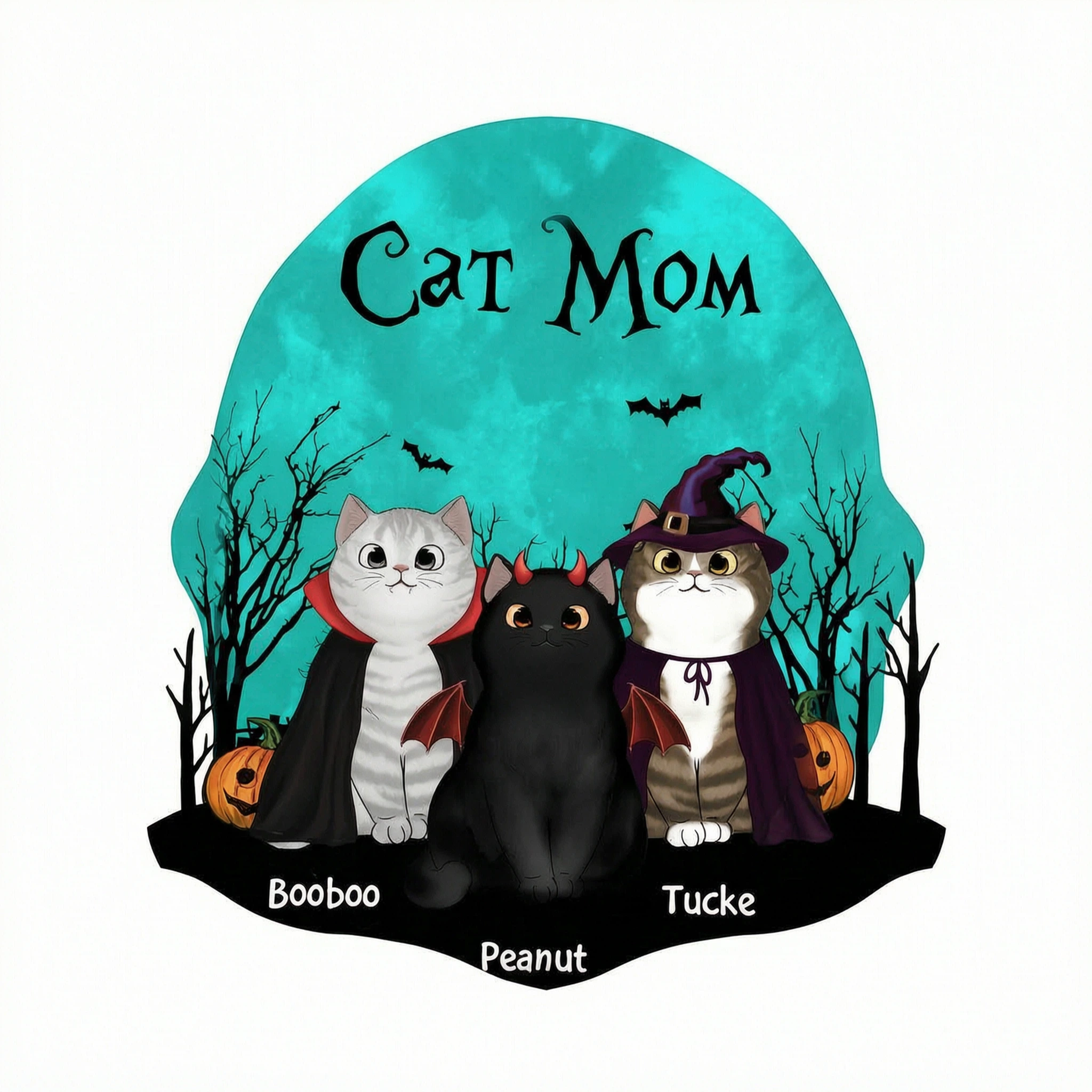 Cat Mom Halloween Moon Light Bat Tree Witchy Theme Personalized Shirt, Purrfect Costume for Cat Lover