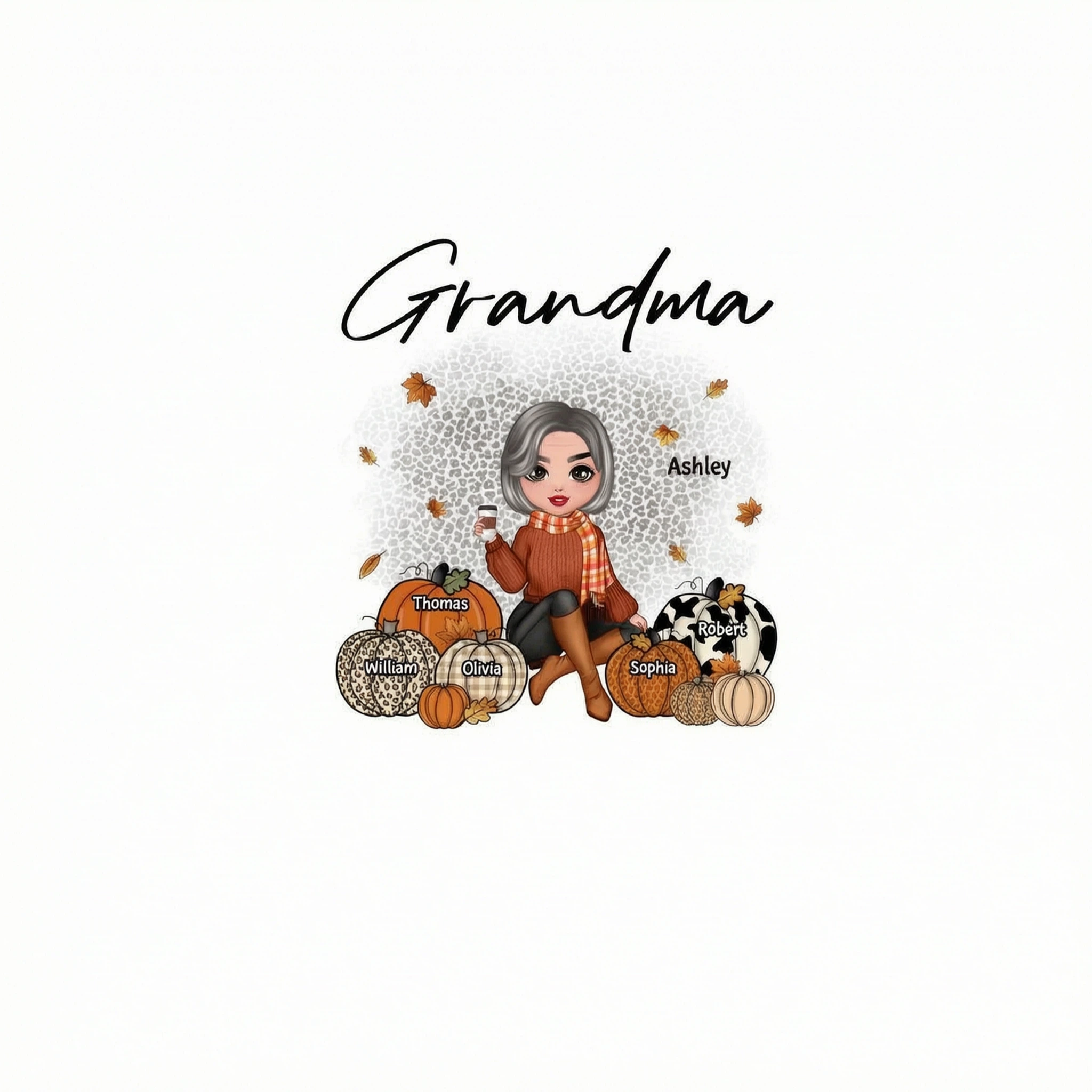 Fall Season Doll Grandma Sitting With Patterned Pumpkins Kids Names Personalized Shirt
