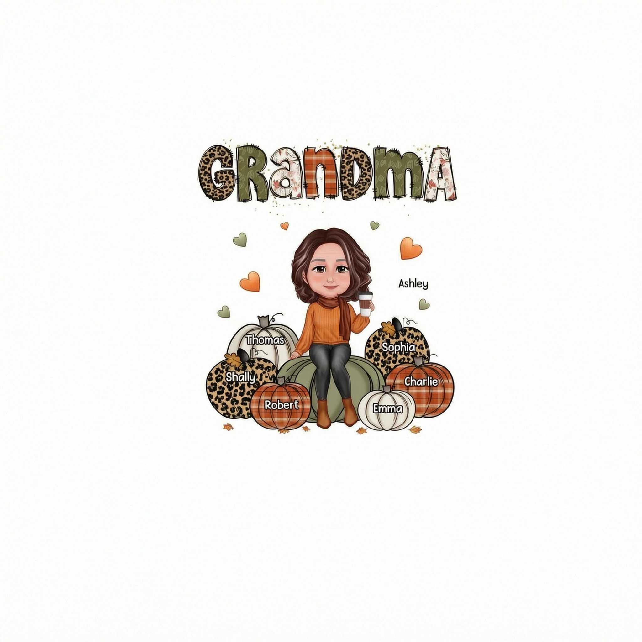 Vintage Orange & Green Grandma Patterned Pumpkins Kids Names Fall Season Personalized Shirt