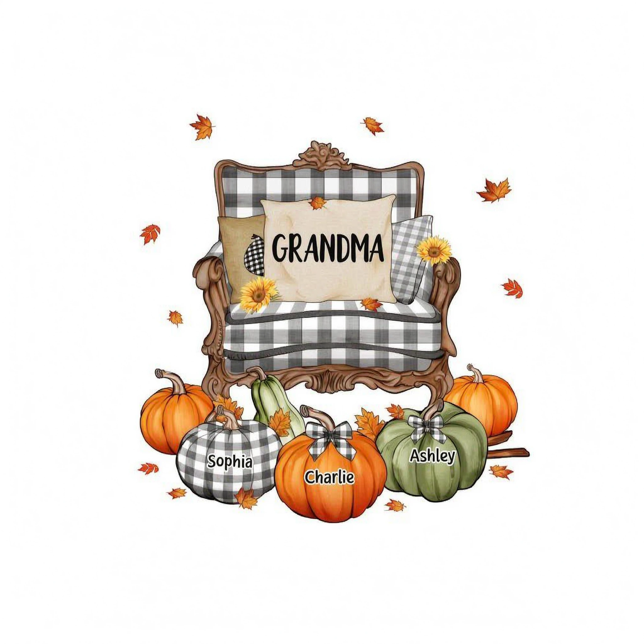 Grandma Mom Pattern Chair And Pumpkins Personalized Shirt