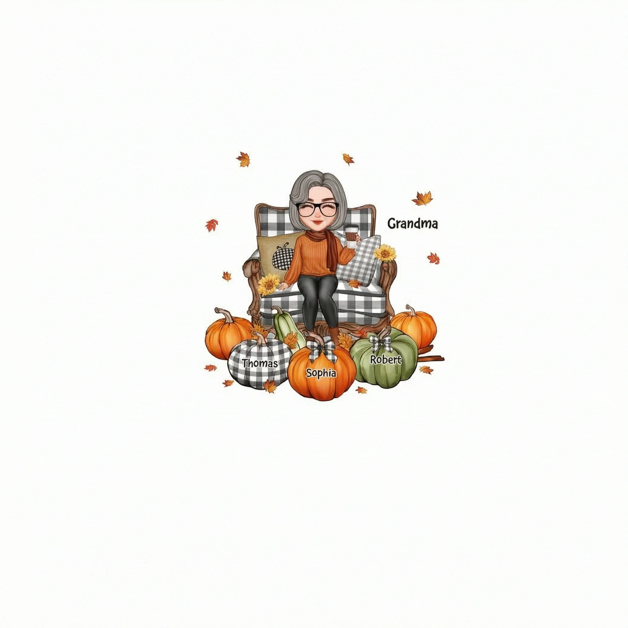 Cute Grandma Mom Sitting On Chair Fall Season Personalized Shirt