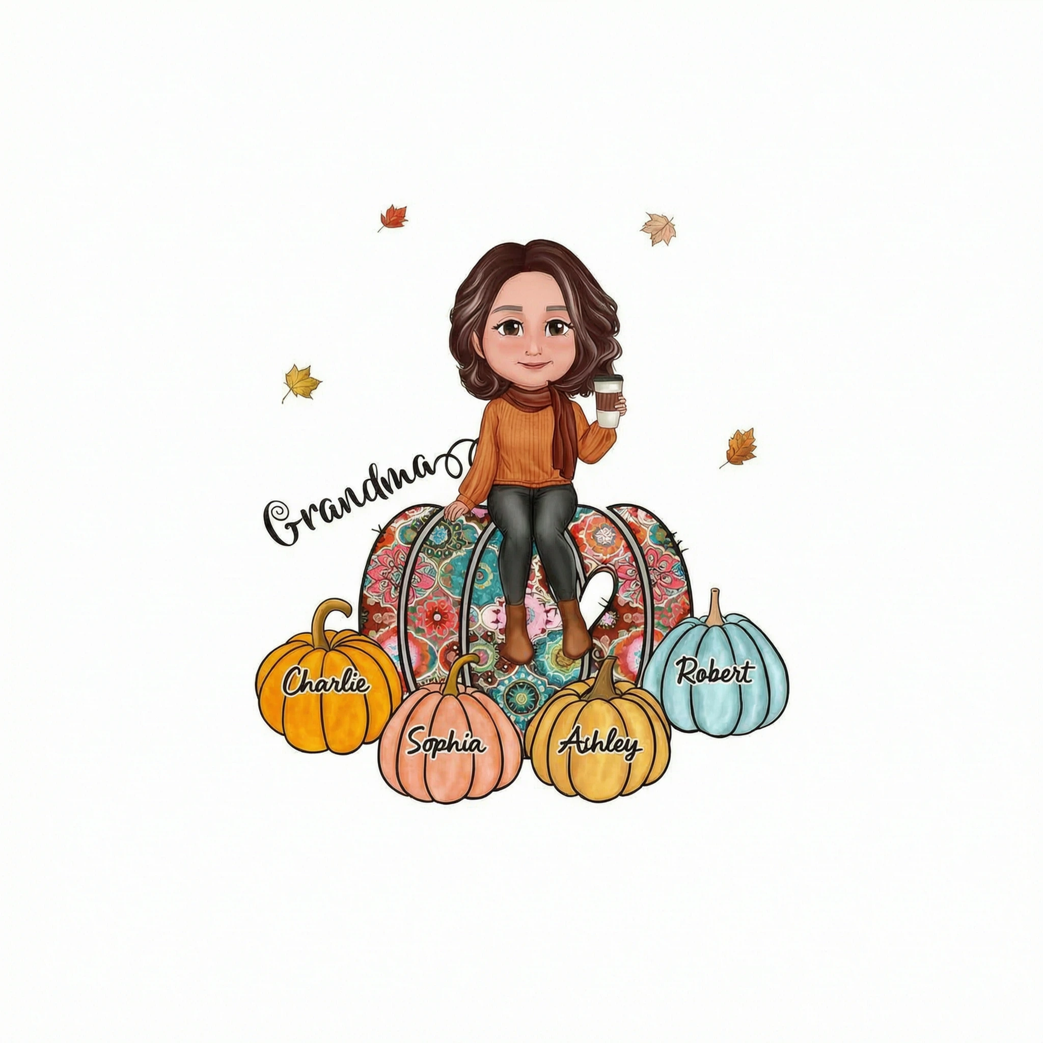 Colorful Patterned Pumpkids Grandma And Kid Names Personalized Shirt