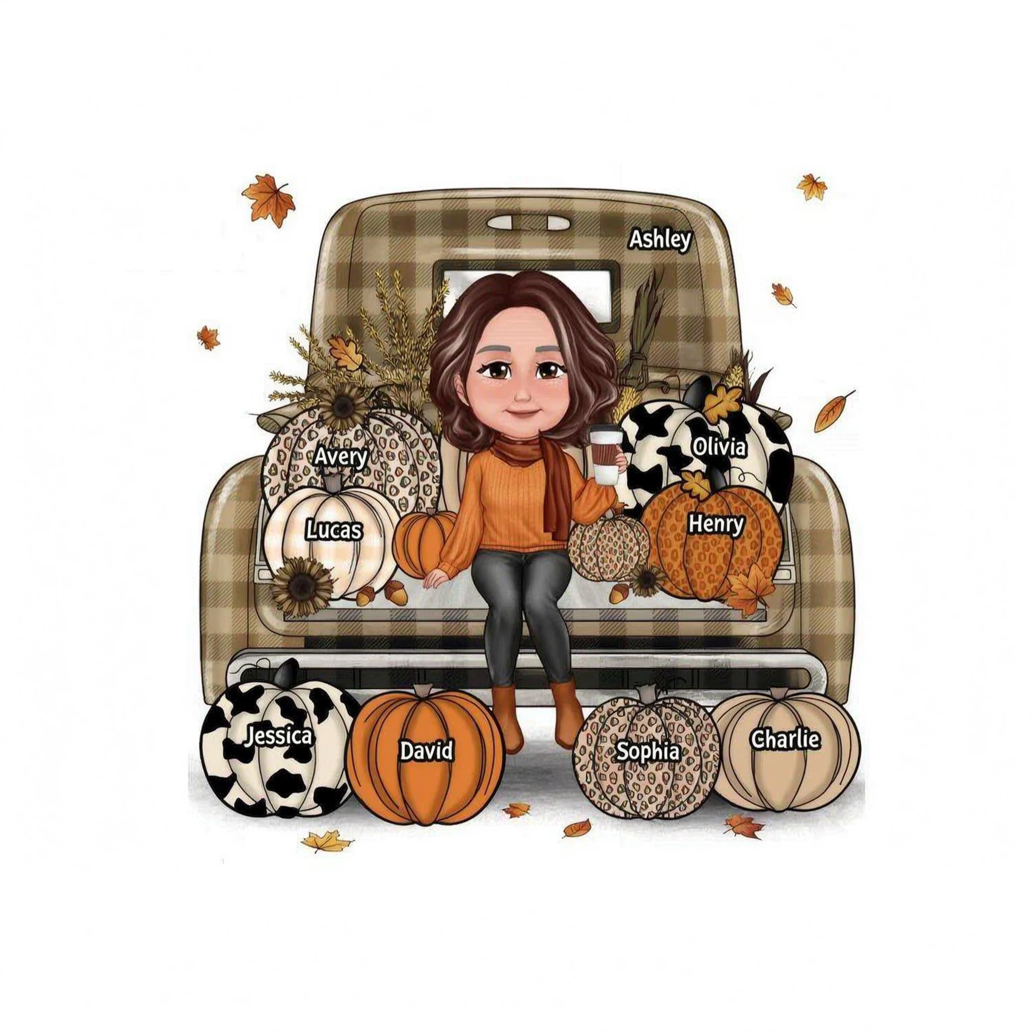Grandma Mom Fall Season Sitting On Leopard Truck Pumpkins Personalized Shirt