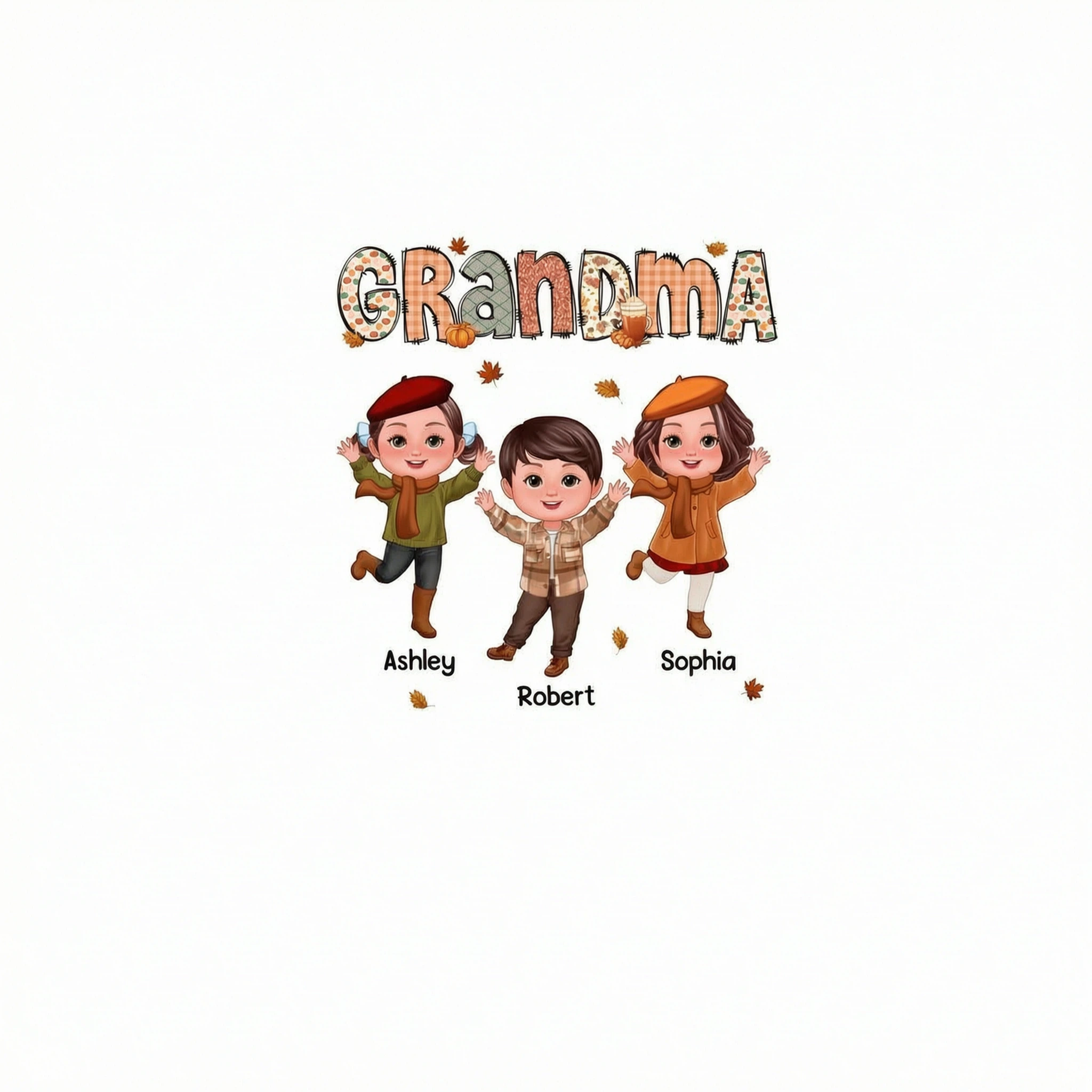 Grandma Mom Fall Season Pattern Happy Doll Kids Personalized Shirt