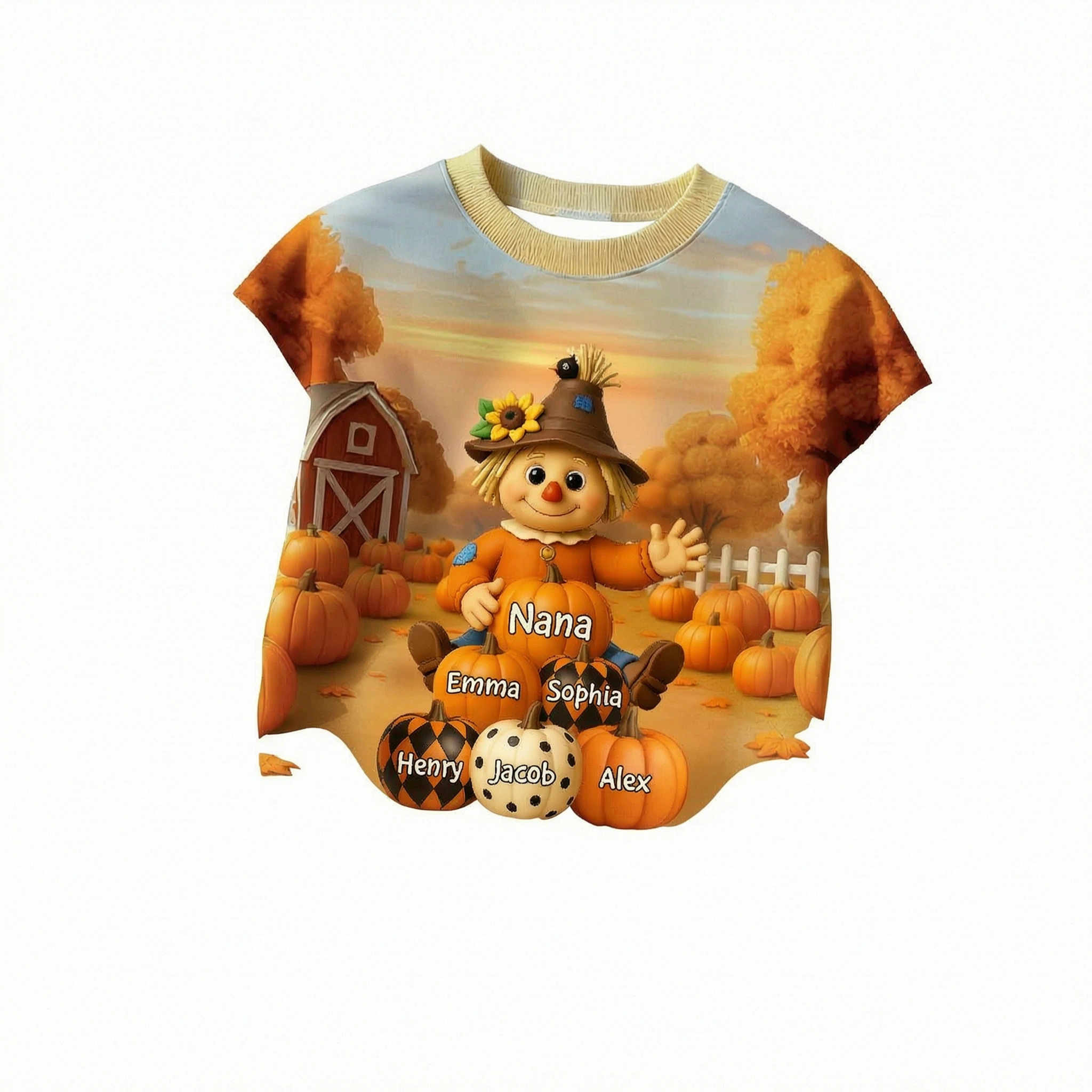 Fall Season Grandma Scarecrow Grandkids Pumpkins 3D Effect Personalized Sweatshirt