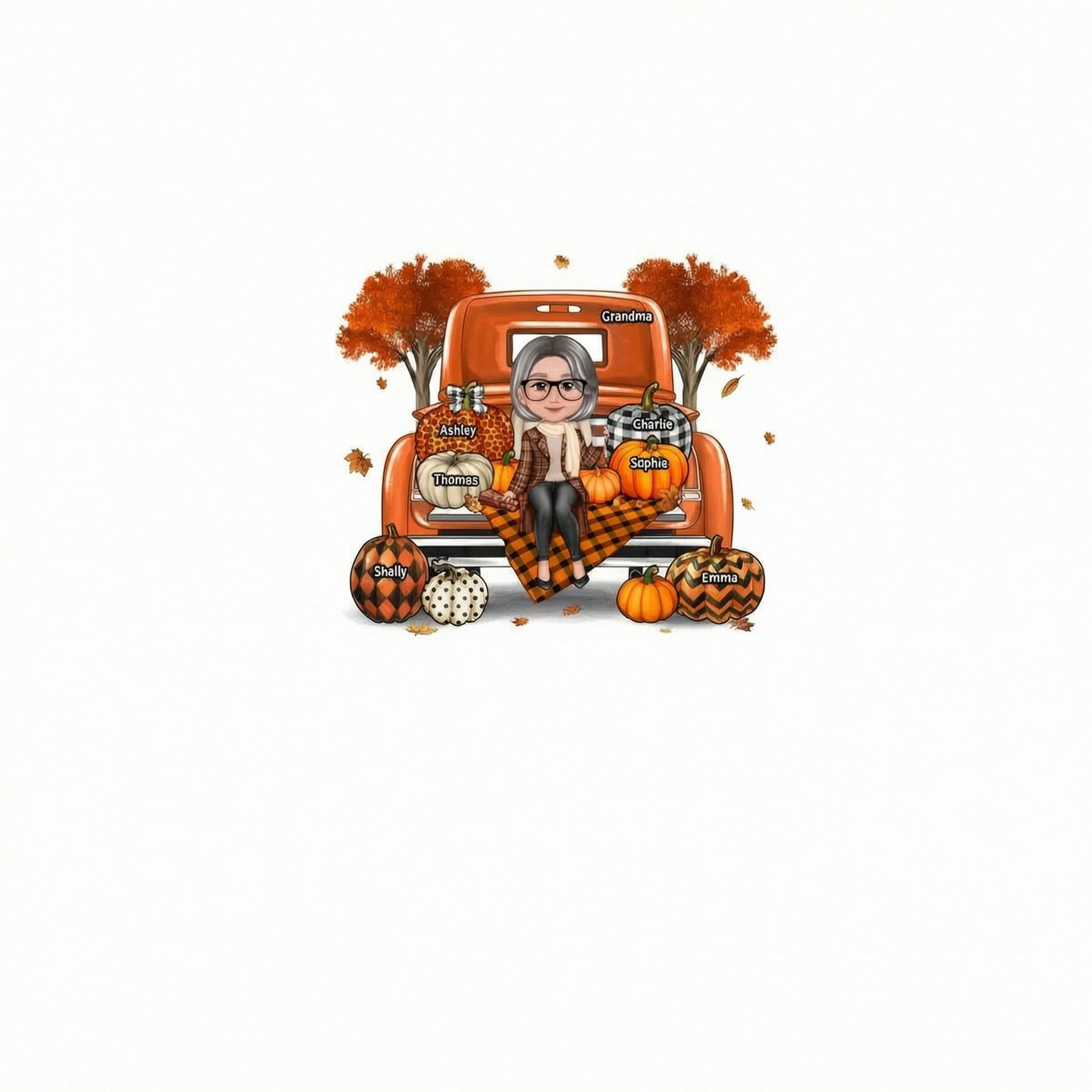 Grandma Mom Sitting On Orange Pumpkins Truck Fall Season Personalized Shirt