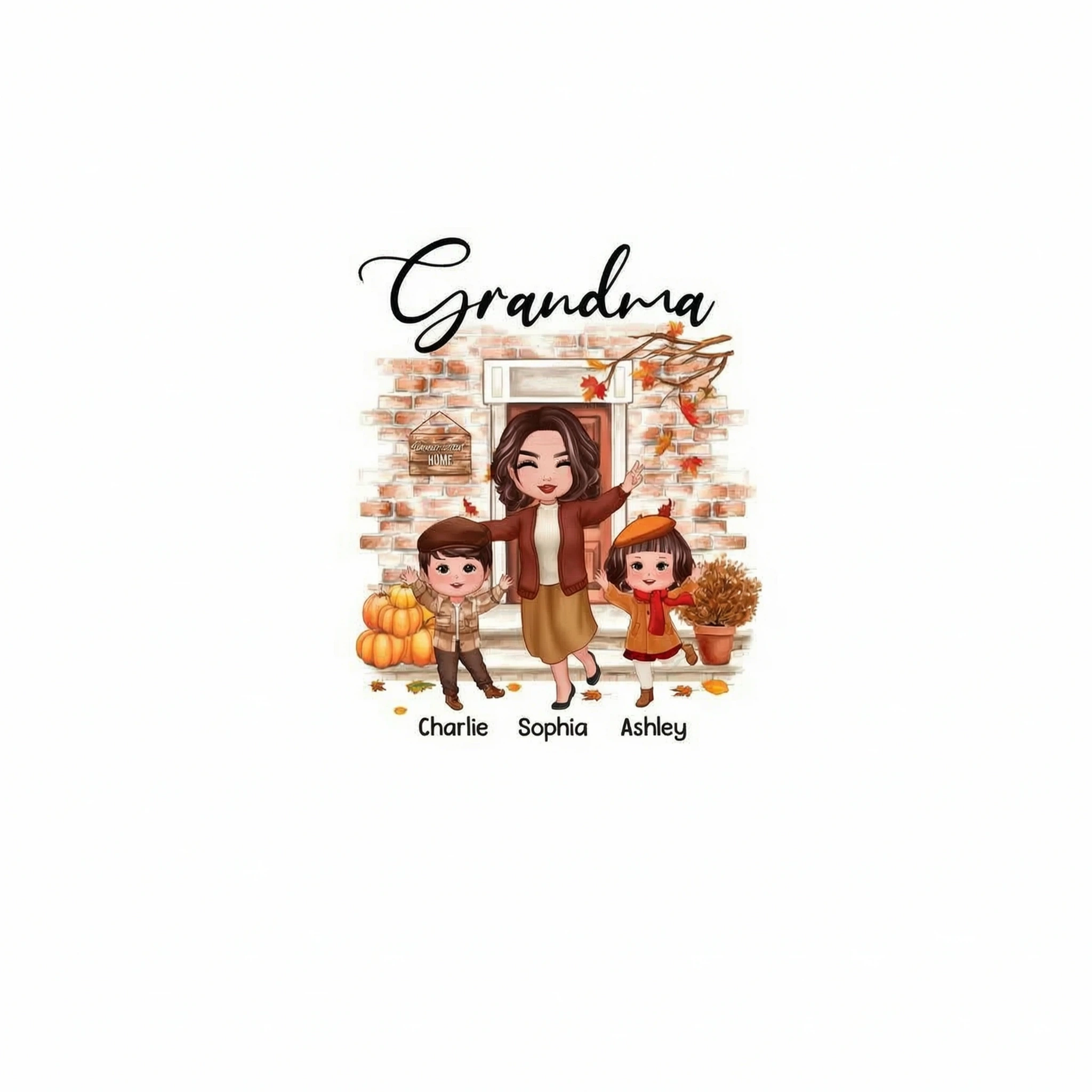 Fall Season Happy Doll Grandma And Grandkids At Front Door Personalized Shirt