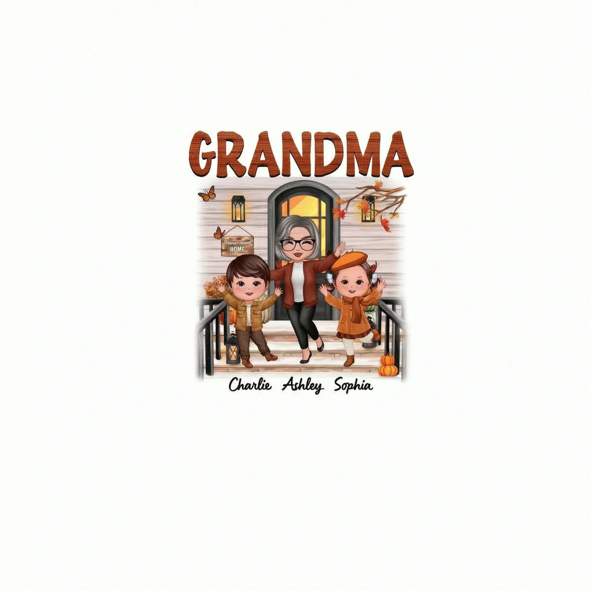 Fall Season Happy Doll Grandma And Grandkids Front Porch Personalized Shirt