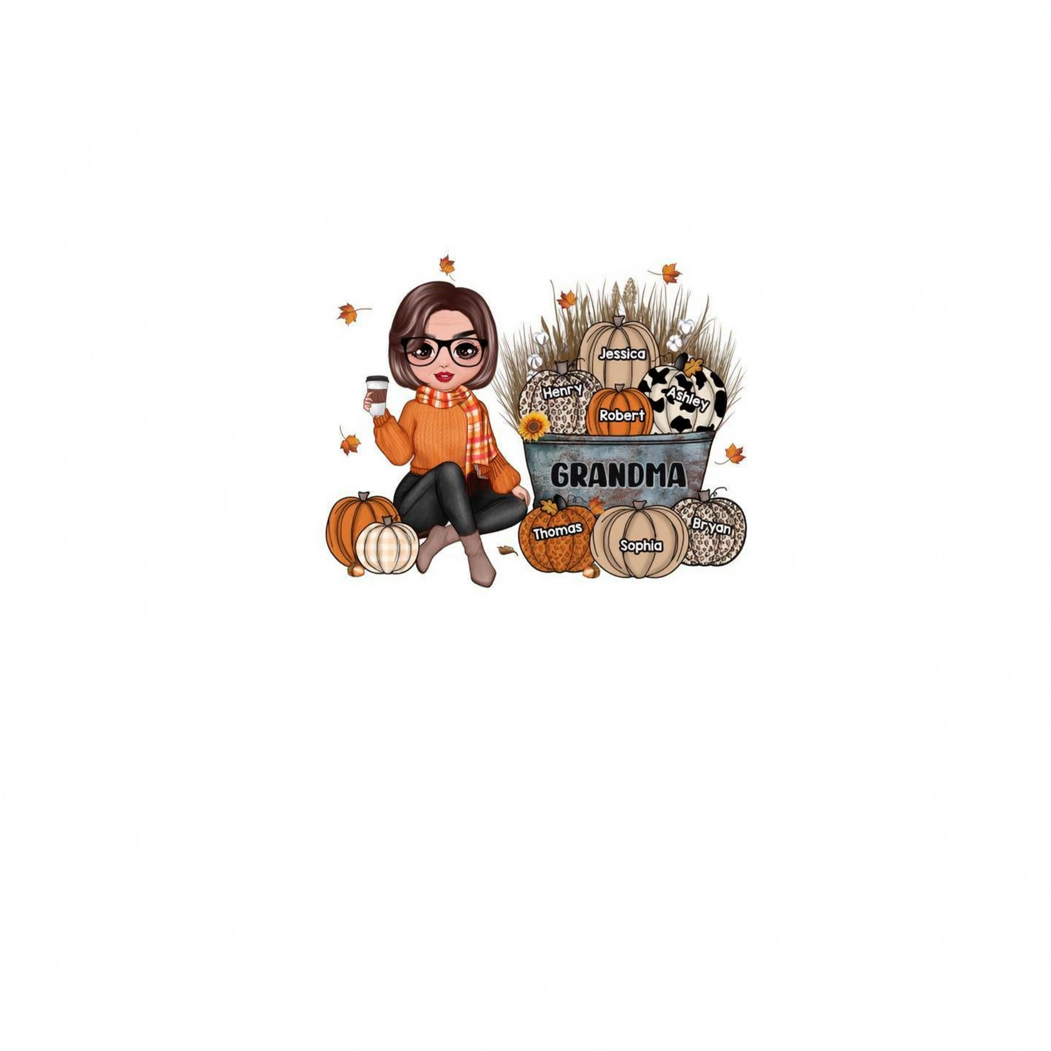 Grandma Mom Fall Season Sitting Pumpkin Bucket Personalized Shirt