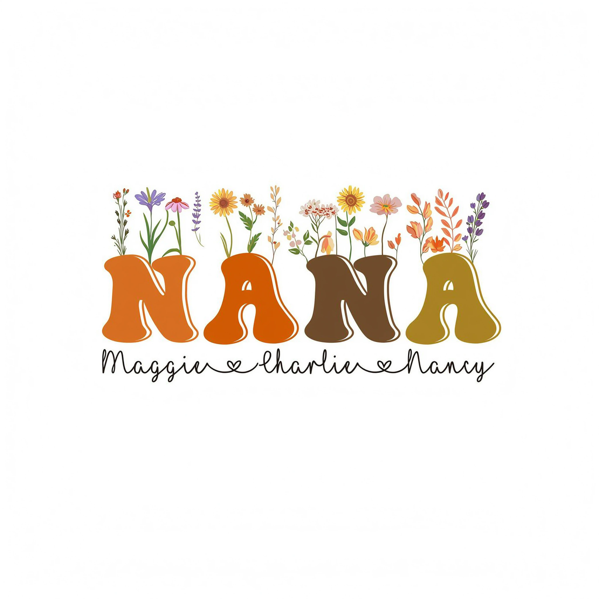 Fall Autumn Flowers Leaves On Text Grandma Mom Personalized Shirt