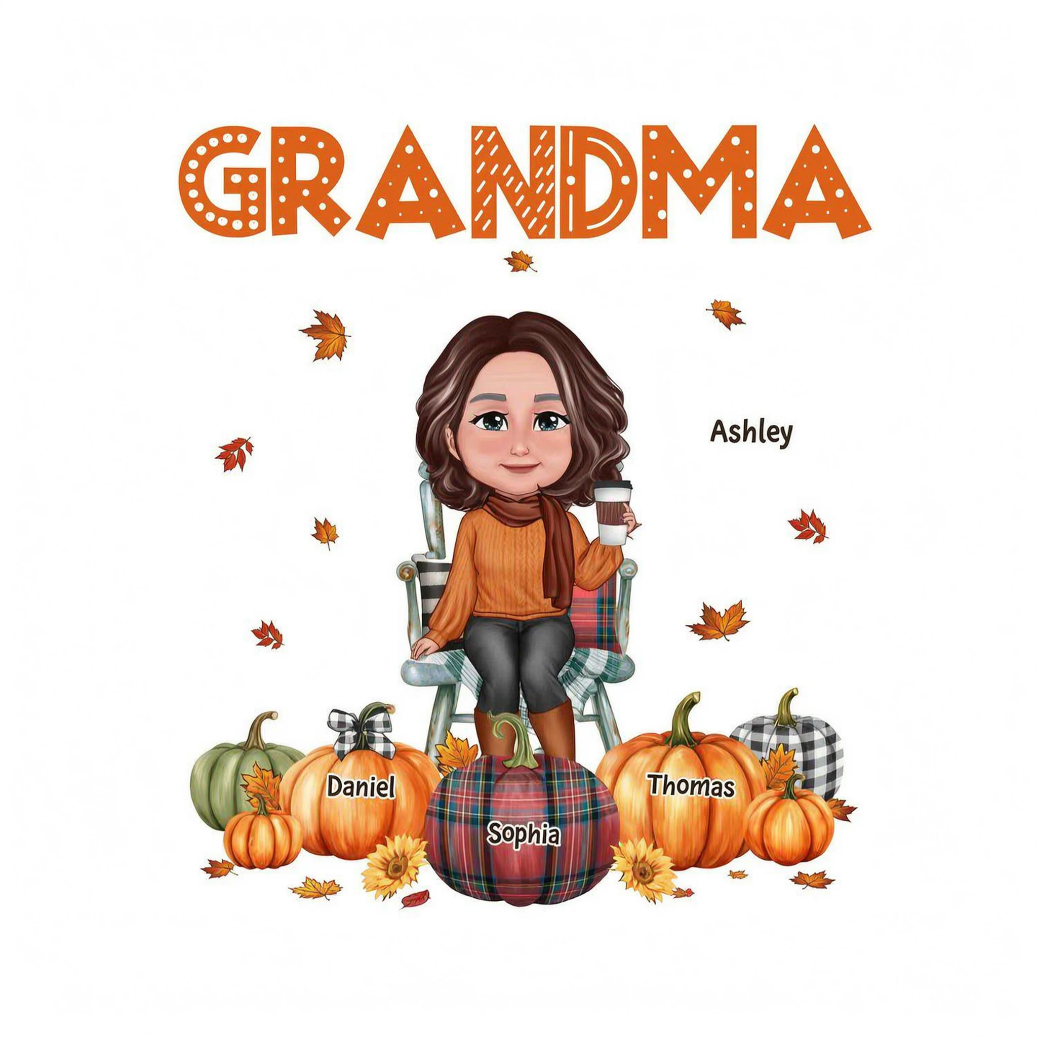 Fall Season Grandma Mom Sitting On Chair Pumpkins Personalized Shirt