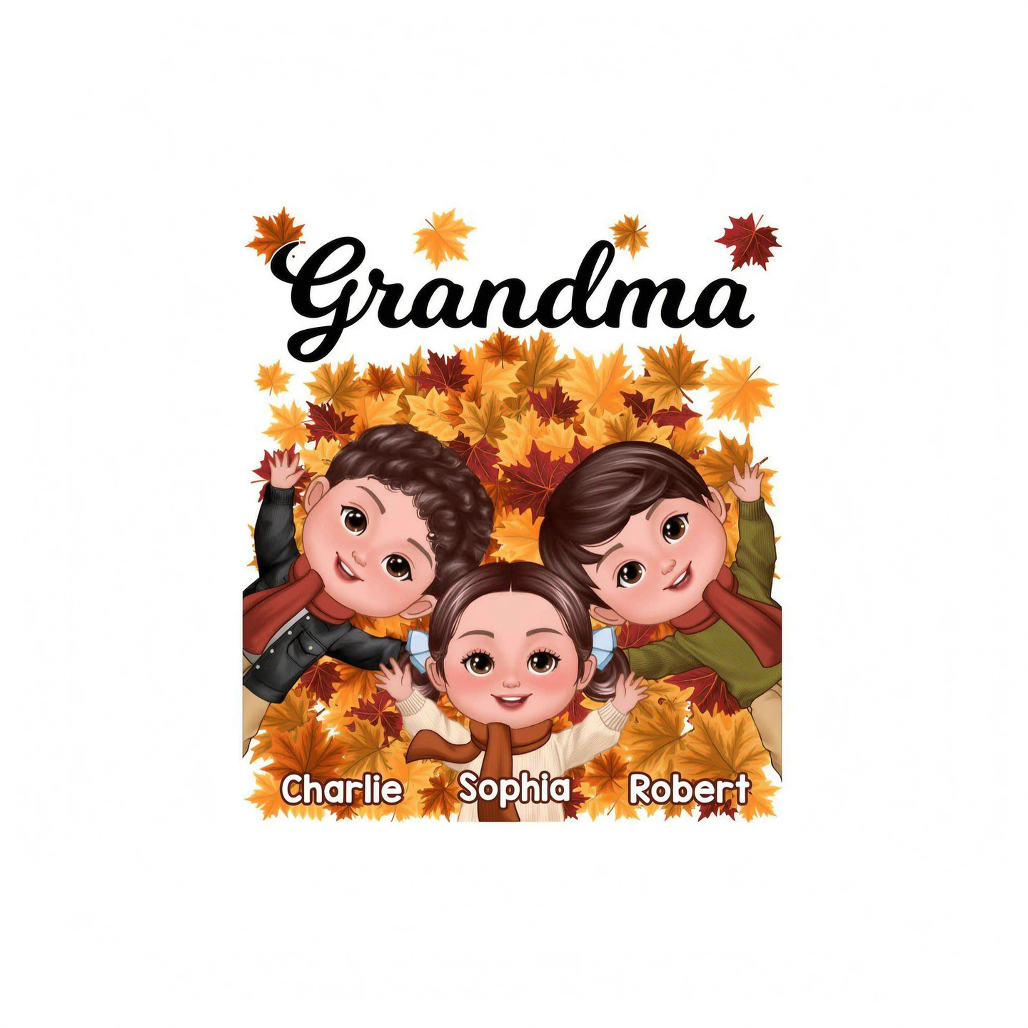 Happy Kids Laying On Fall Leaves Grandma Mom Personalized Shirt