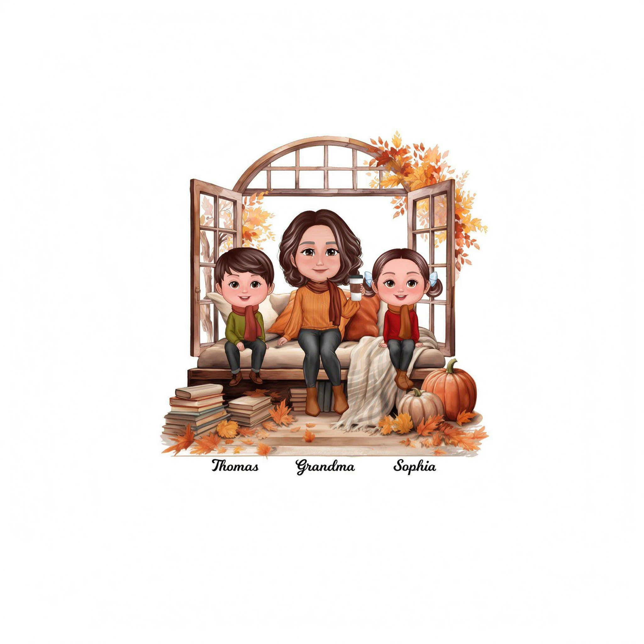 Grandma Grandkids Sitting On Sofa Cozy Fall Window Personalized Shirt