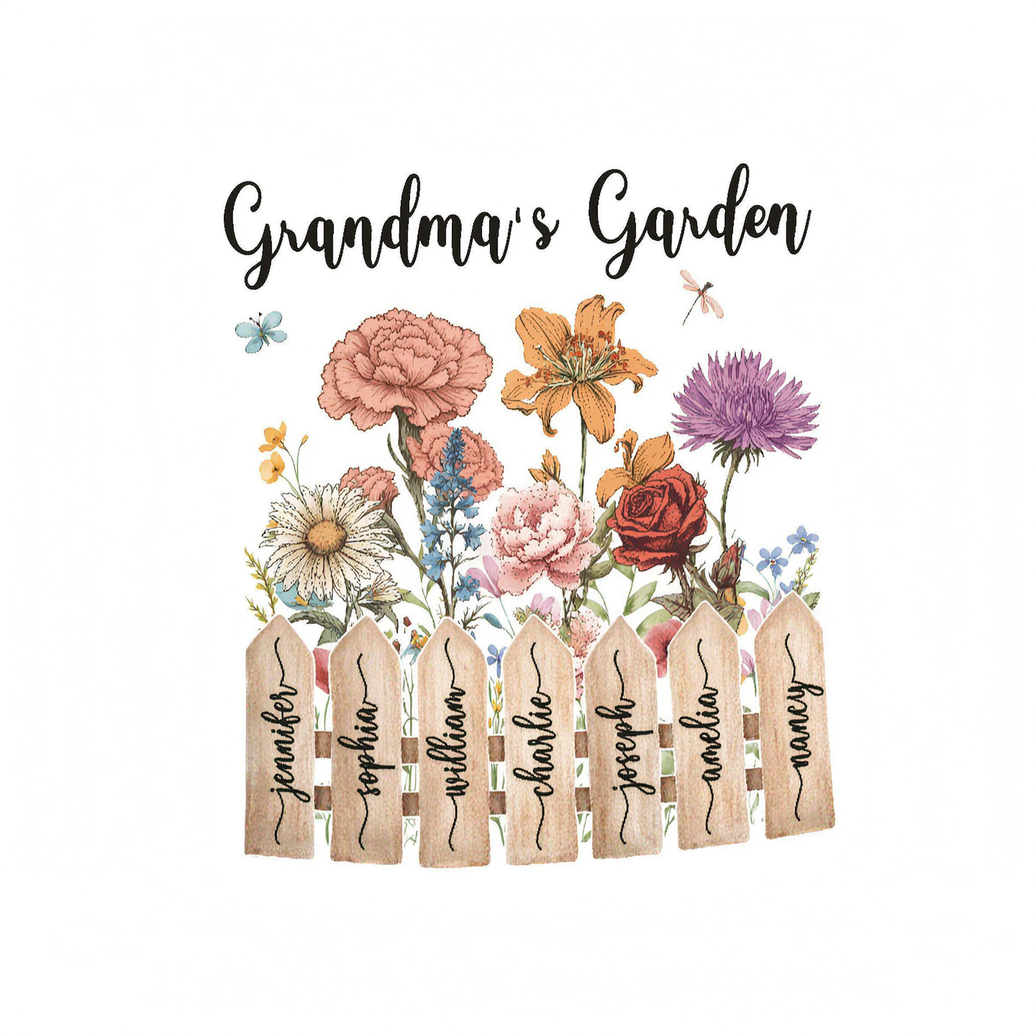 Grandma Birth Month Flower Garden Grandkids Names On Fence Personalized Shirt, Mother's Day gift for Mom, for Grandma