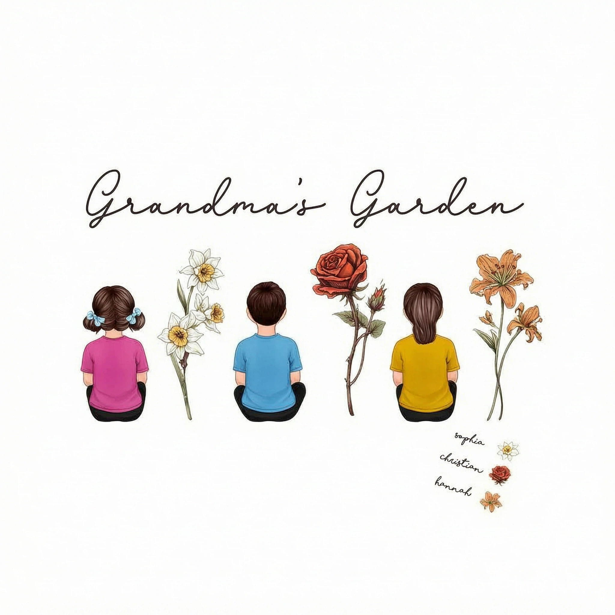 Grandma's Garden Back View Kid Sitting Birth Month Flower Personalized Sleeve Printed Sweatshirt