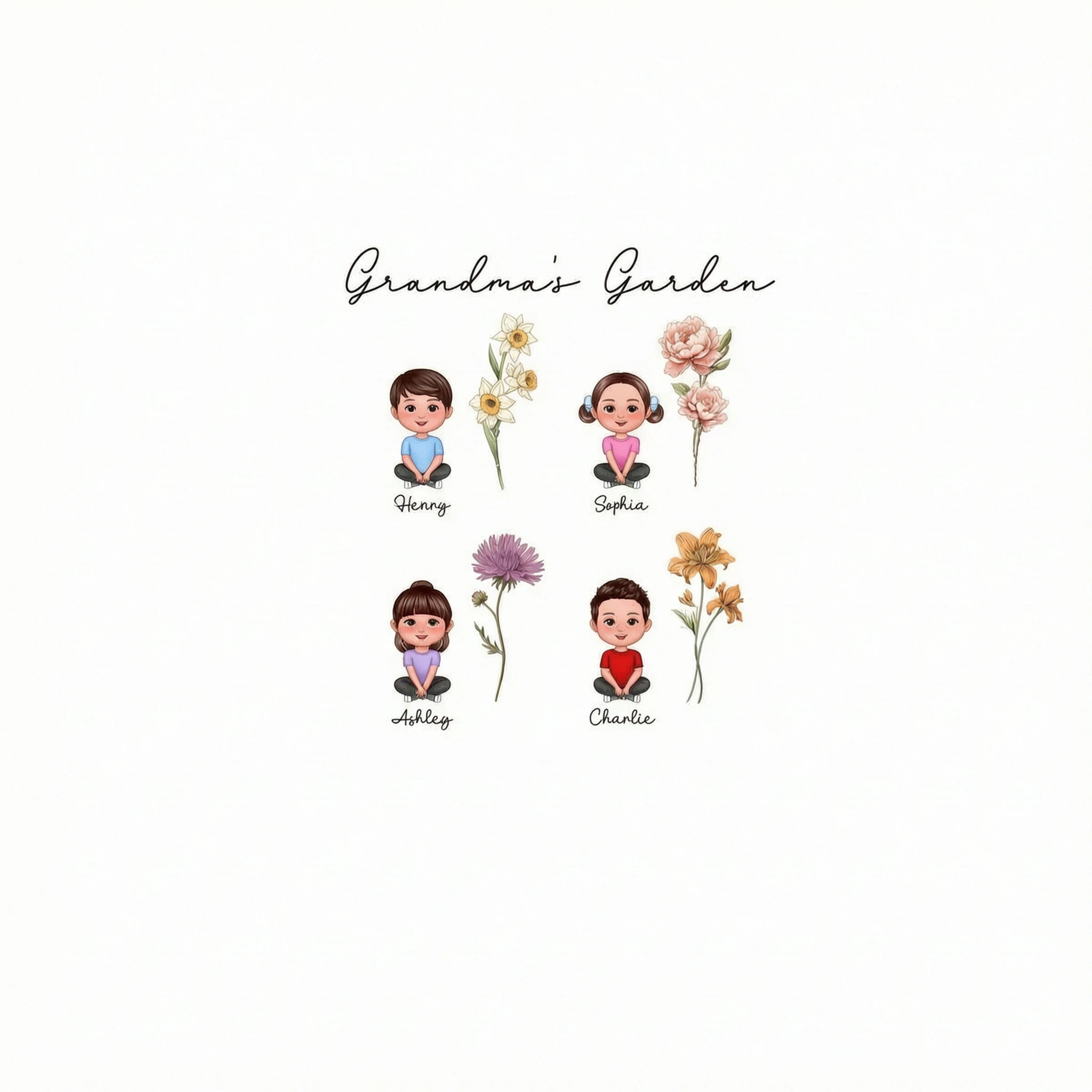 Grandkids Sitting Crossed Leg Grandma Garden Vintage Birth Month Flowers Personalized Shirt