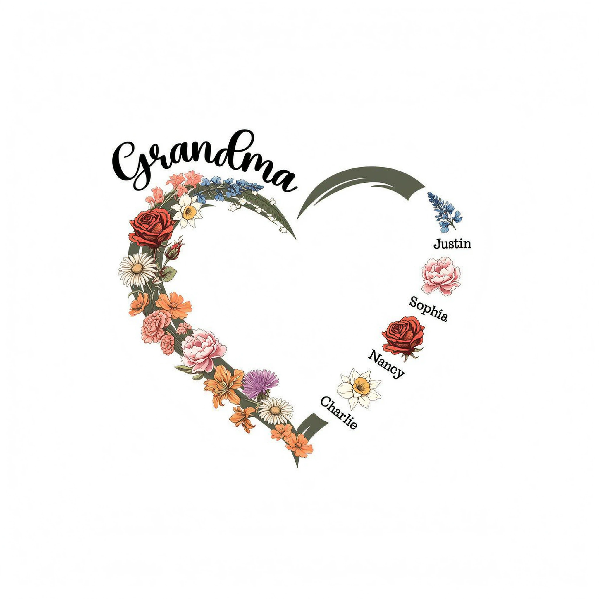 Grandma Mom Heart Birth Month Flowers Personalized Shirt