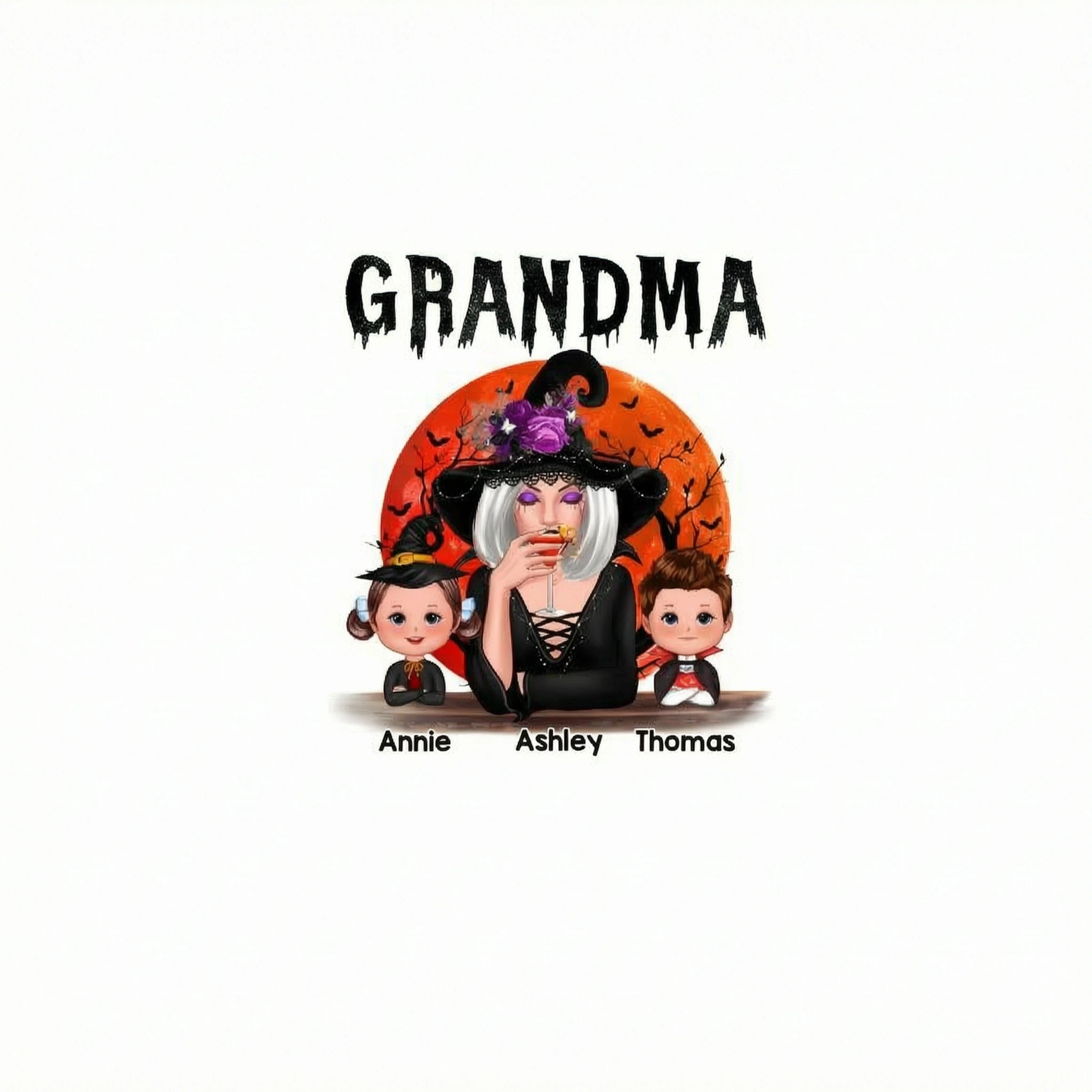 Halloween Moon Grandma Mom Witch With GrandKids Personalized Shirt