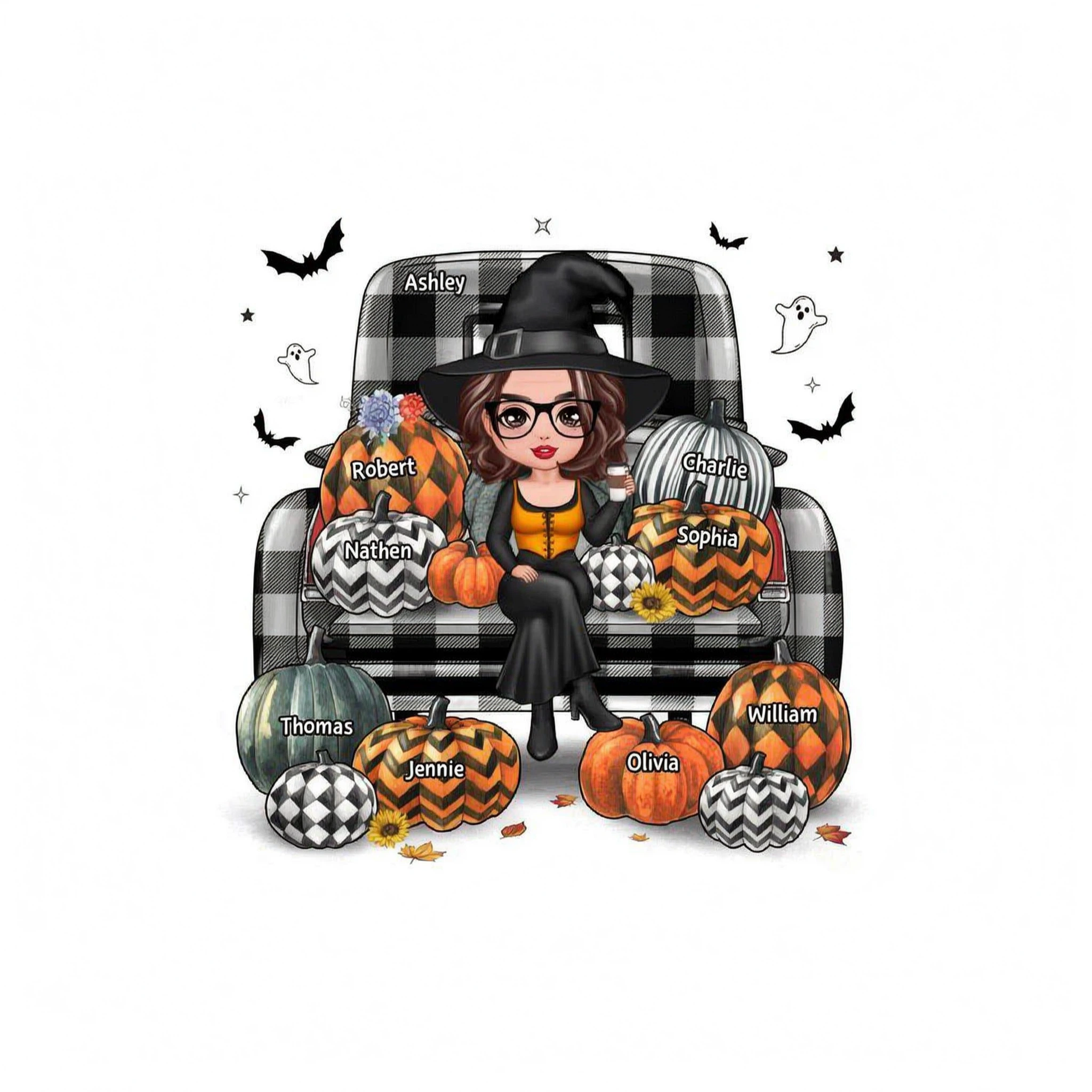 Buffalo Plaid Halloween Truck Pumpkin Doll Grandma Mom Witch Personalized Shirt