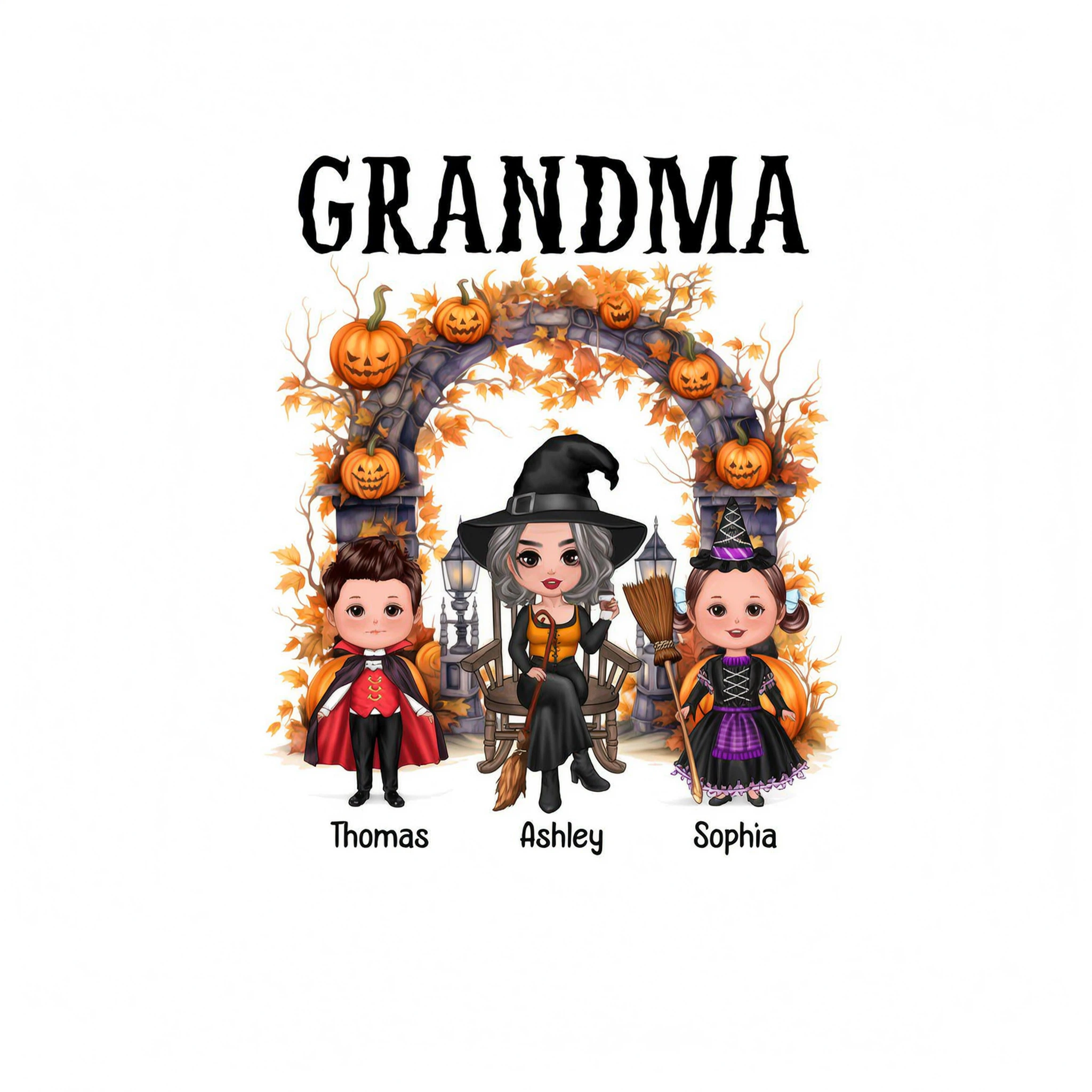 Halloween Grandma Grandkids Pumpkins At Cemetery Personalized Shirt