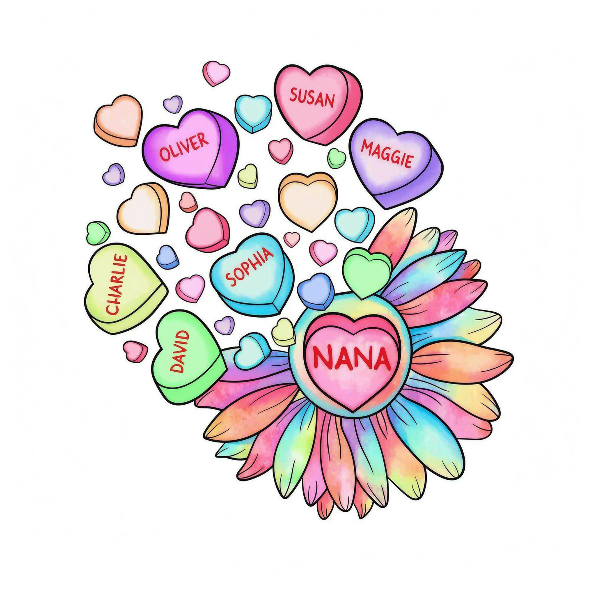 Grandma Mom Sunflower Candy Hearts Personalized Shirt