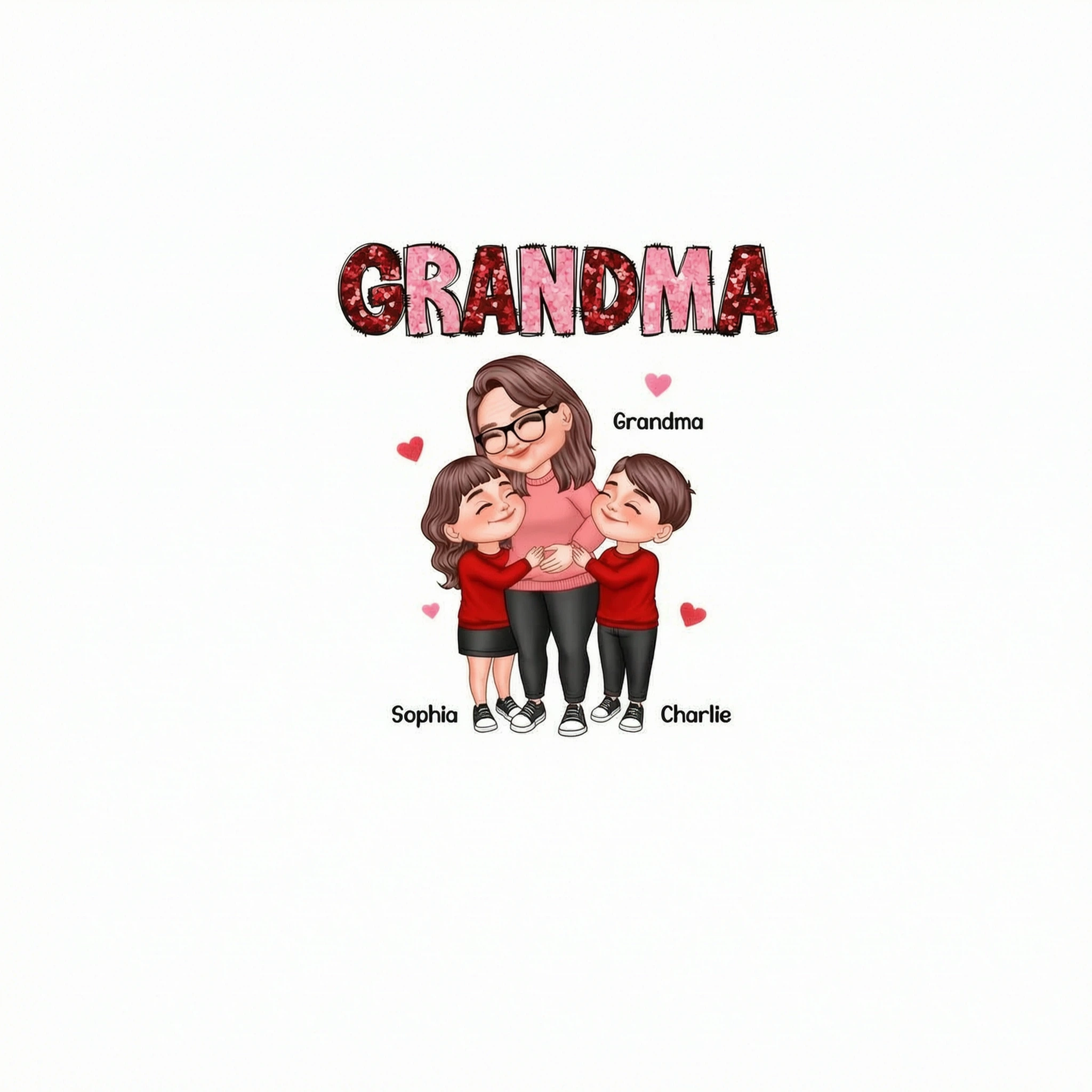 Grandma Grandkids Hugging Red & Pink Hearts Sequins Effect Personalized Shirt