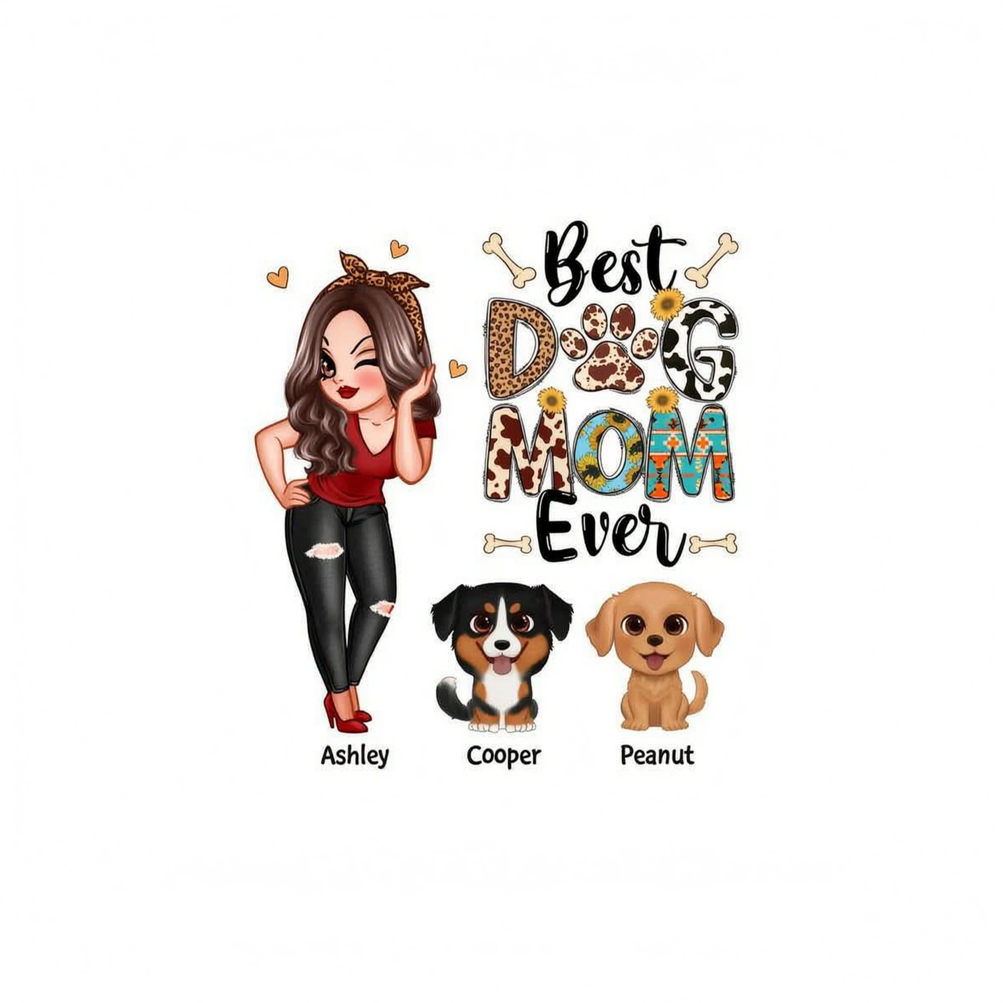 Best Dog Mom Ever Multi Pattern Pretty Girl & Cute Cartoon Sitting Dog Personalized Shirt