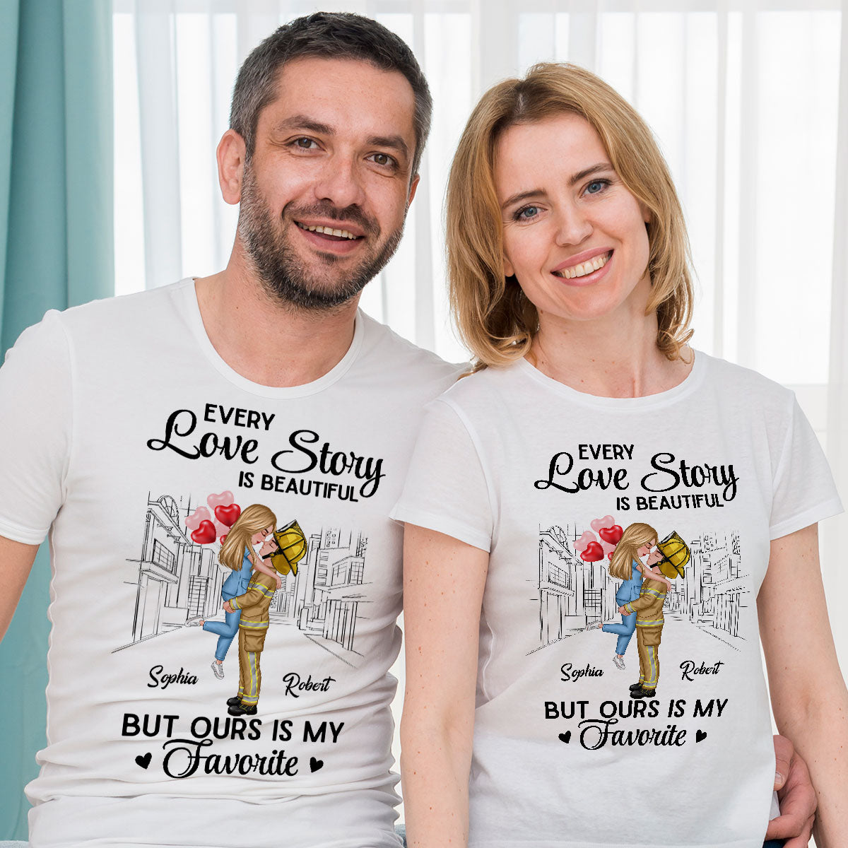 Joli T-shirt personnalisé Couple Roses Cœur Ensemble Depuis — Blanc