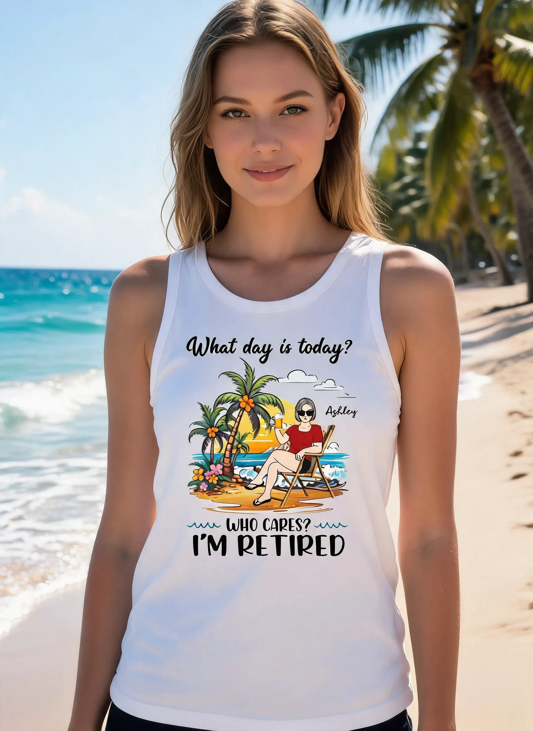 Summer Beach Landscape What Day Is Today I'm Retired Woman Personalized Tank Top β White