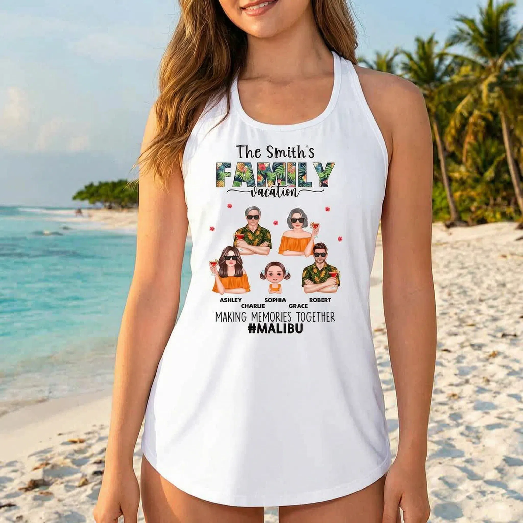 Camiseta de tirantes hawaiana personalizada con cara de perro o gato y estampado tropical floral — Blanca