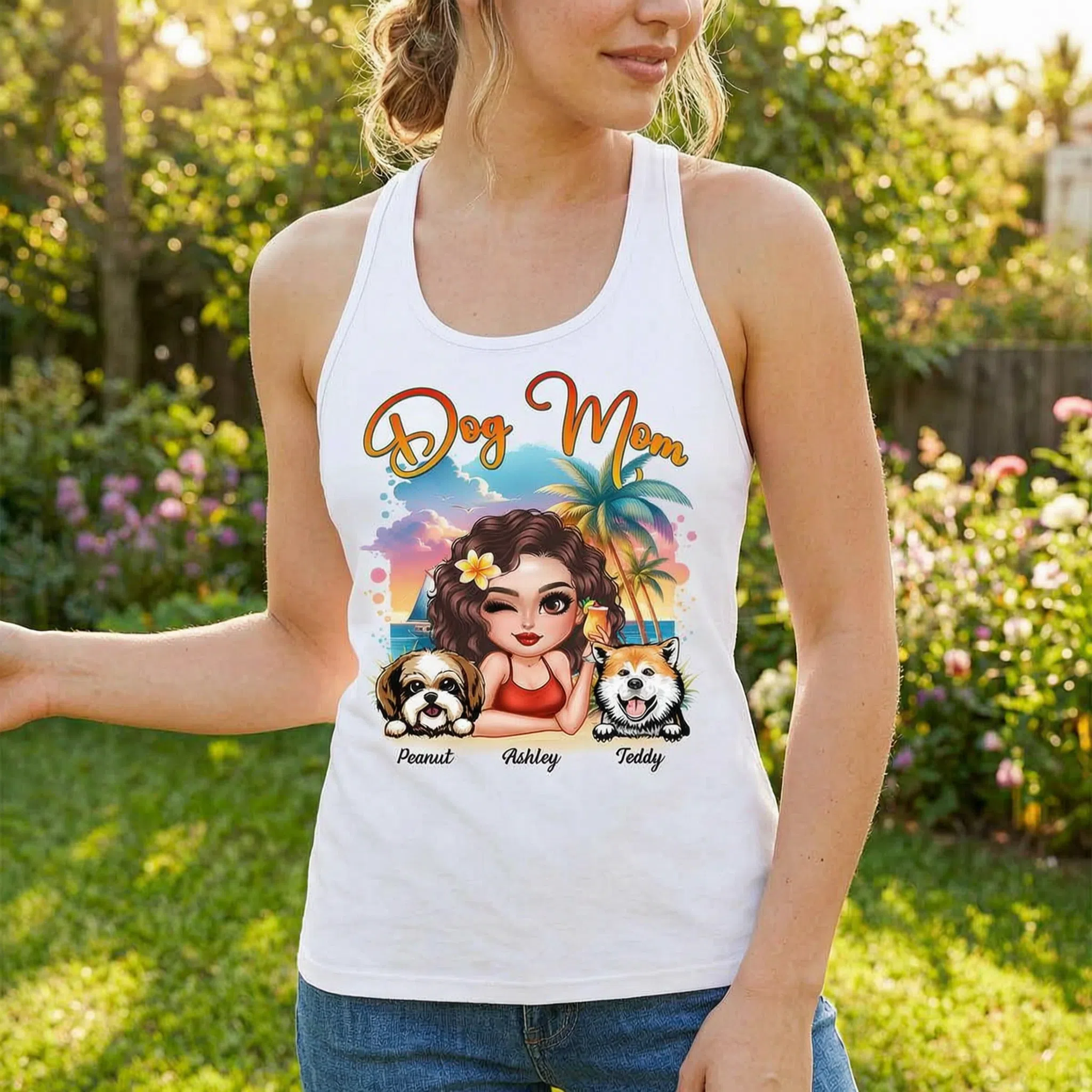 Summer Vibe Dog Mom Personalized Tank Top — White