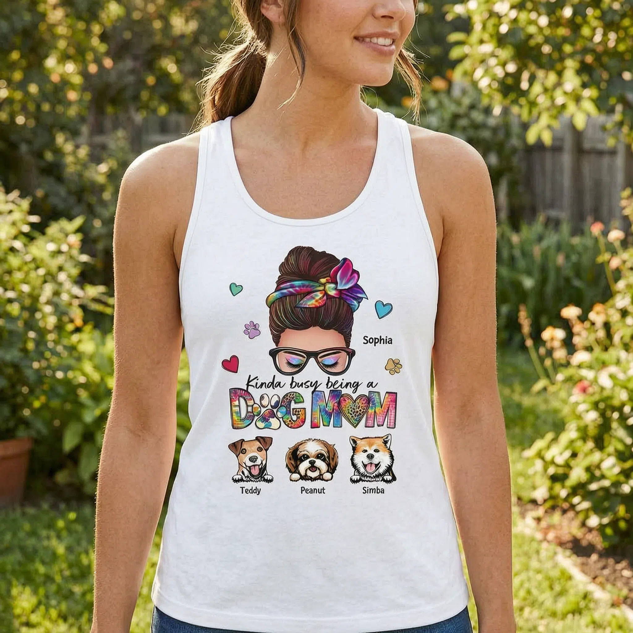 Kinda Busy Being A Dog Mom Messy Bun Personalized Tank Top — White
