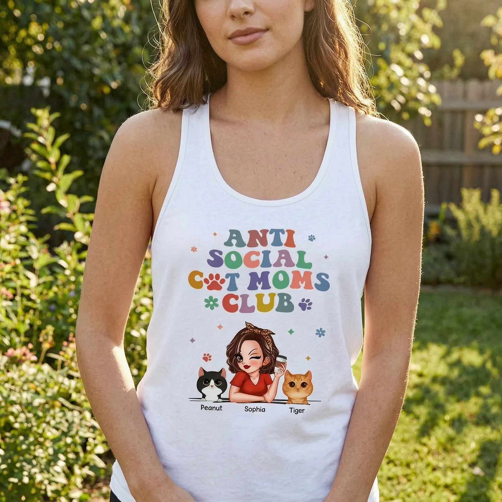 Anti Social Cat Mom Club Pesonalized Tank Top — White