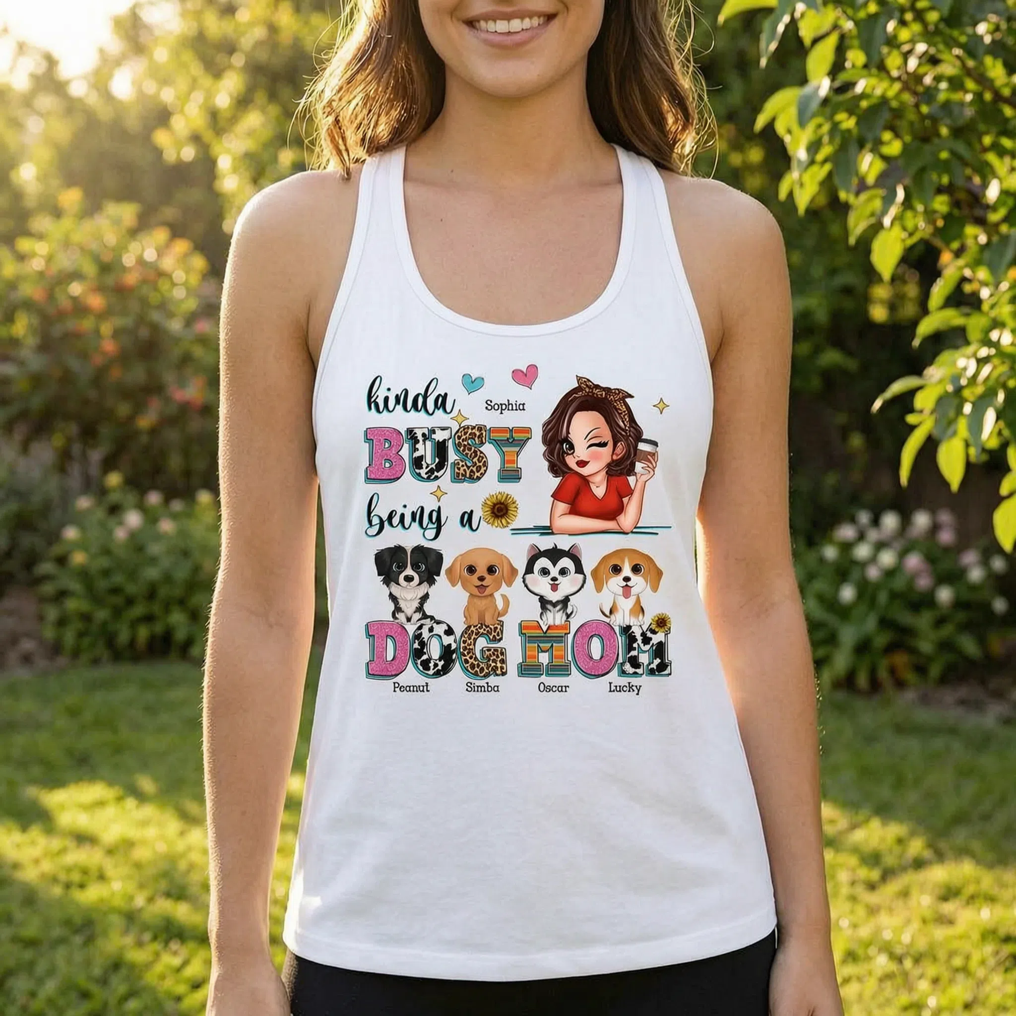 Kinda Busy Being A Dog Mom Personalized Tank Top — White