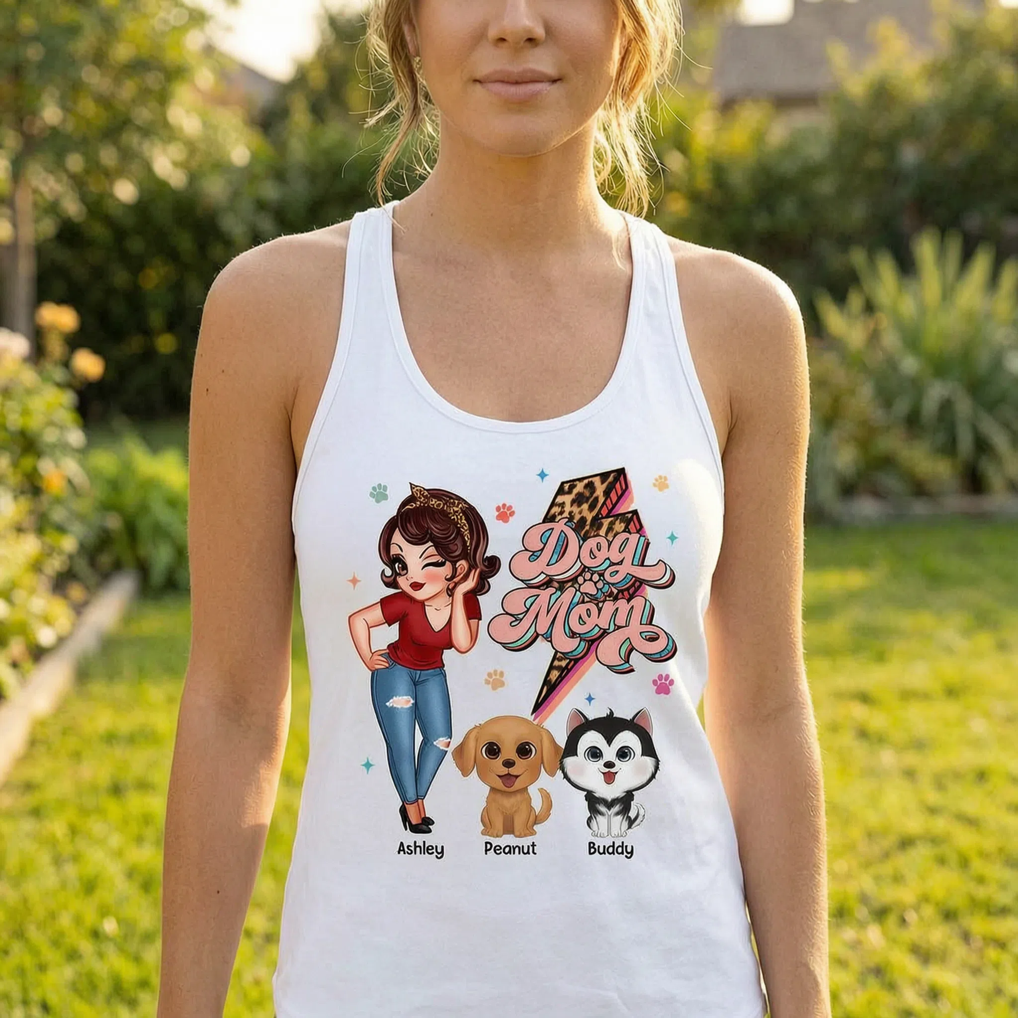 Dog Mom Retro Leopard Lightning Personalized Tank Top — White