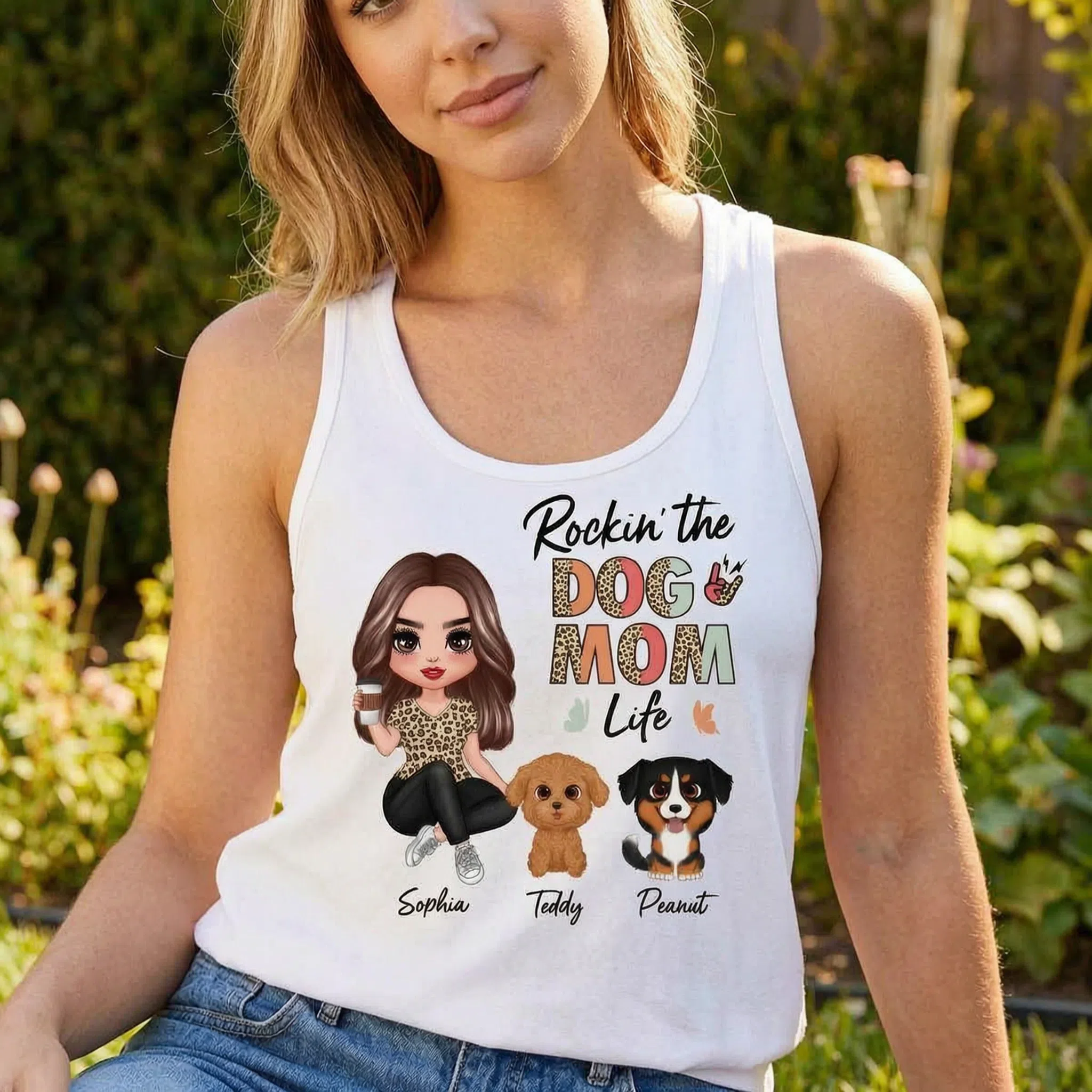 Rockin' Dog Mom Life Leopard Cute Watercolor Dog Personalized Tank Top — White