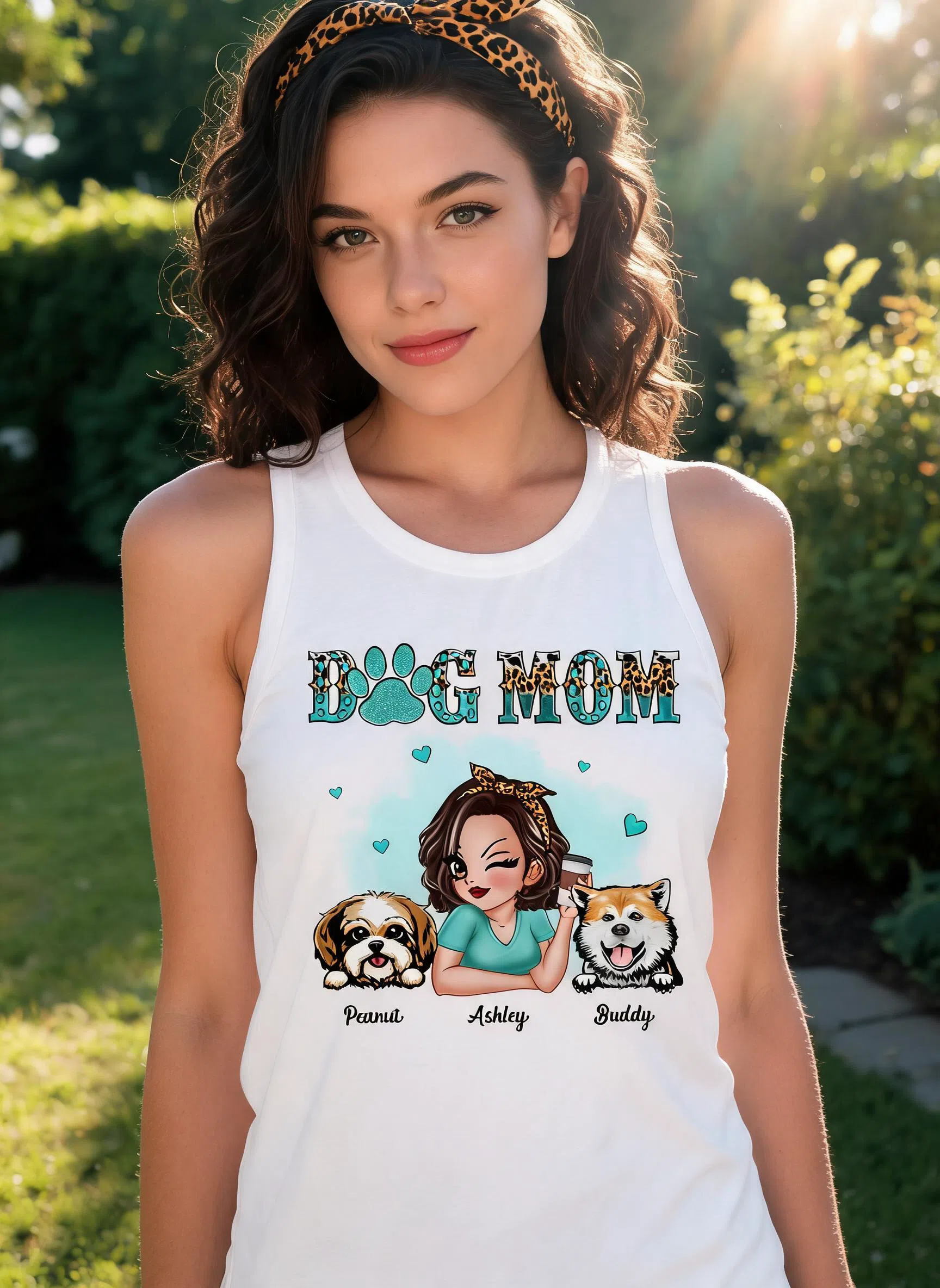 Teal And Leopard Dog Mom Gift For Dog Lovers Personalized Tank Top — White