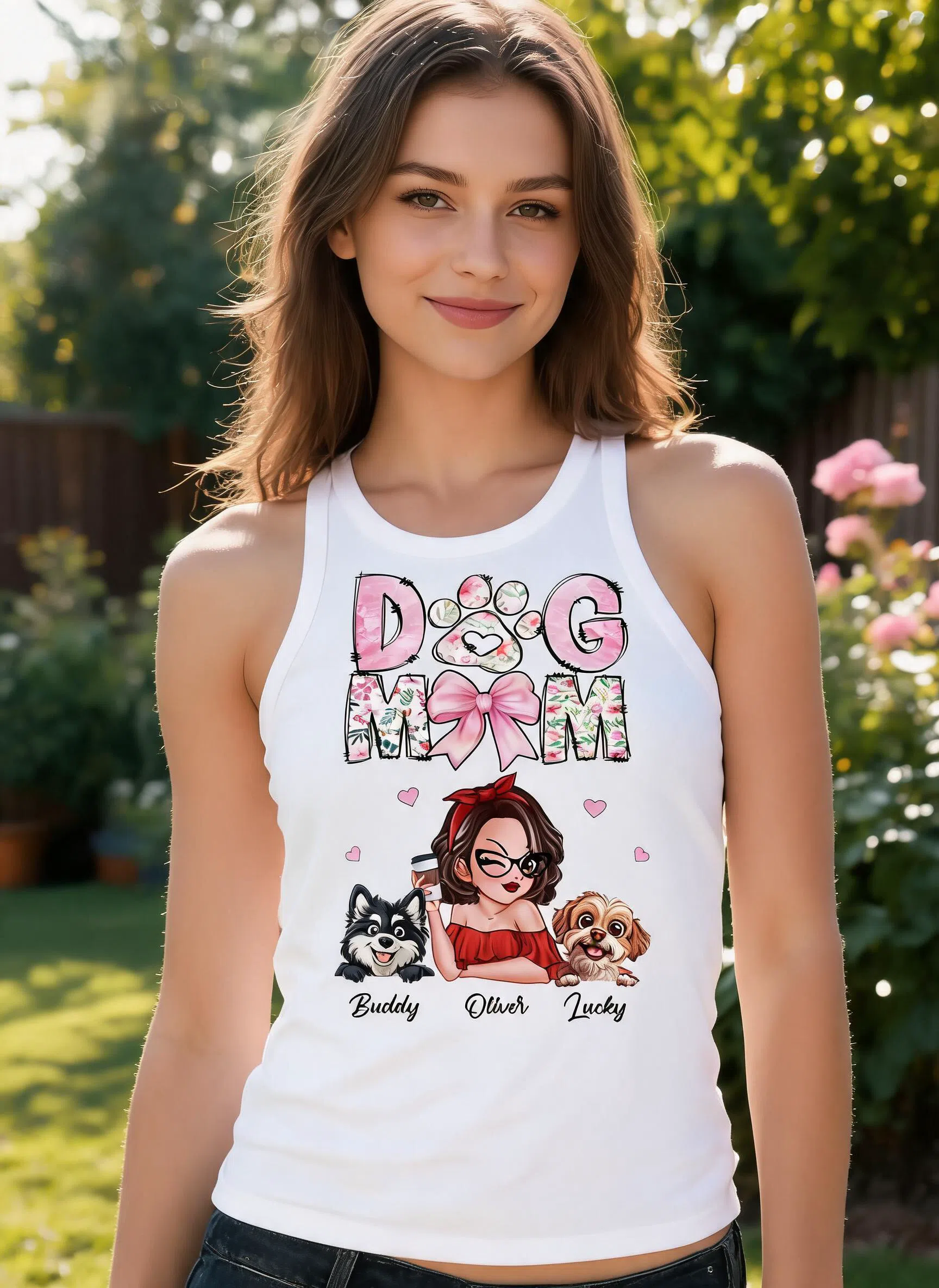 Camiseta sin mangas personalizada Perro de dibujos animados Mi terapeuta, regalo para amantes de los perros, mamá de perro — Blanco