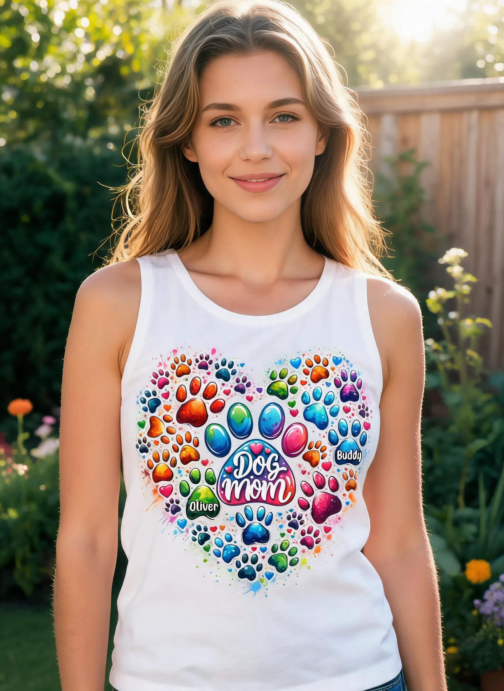 Camiseta sin mangas personalizada Dog Mom Never Walk Alone — Blanco
