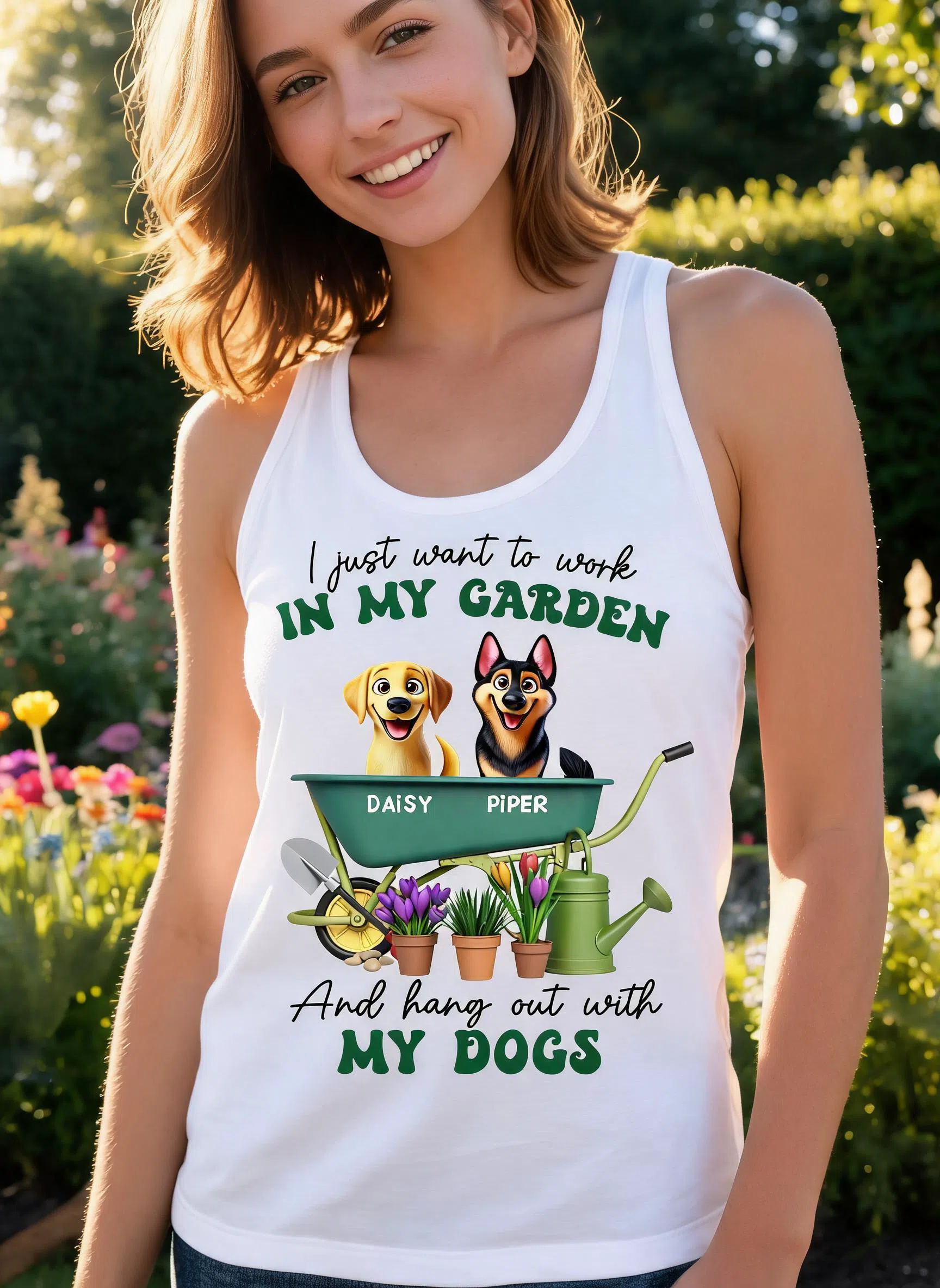 Work In Garden And Hang Out With My Dogs Personalized Tank Top, 3D Cute Dogs β White