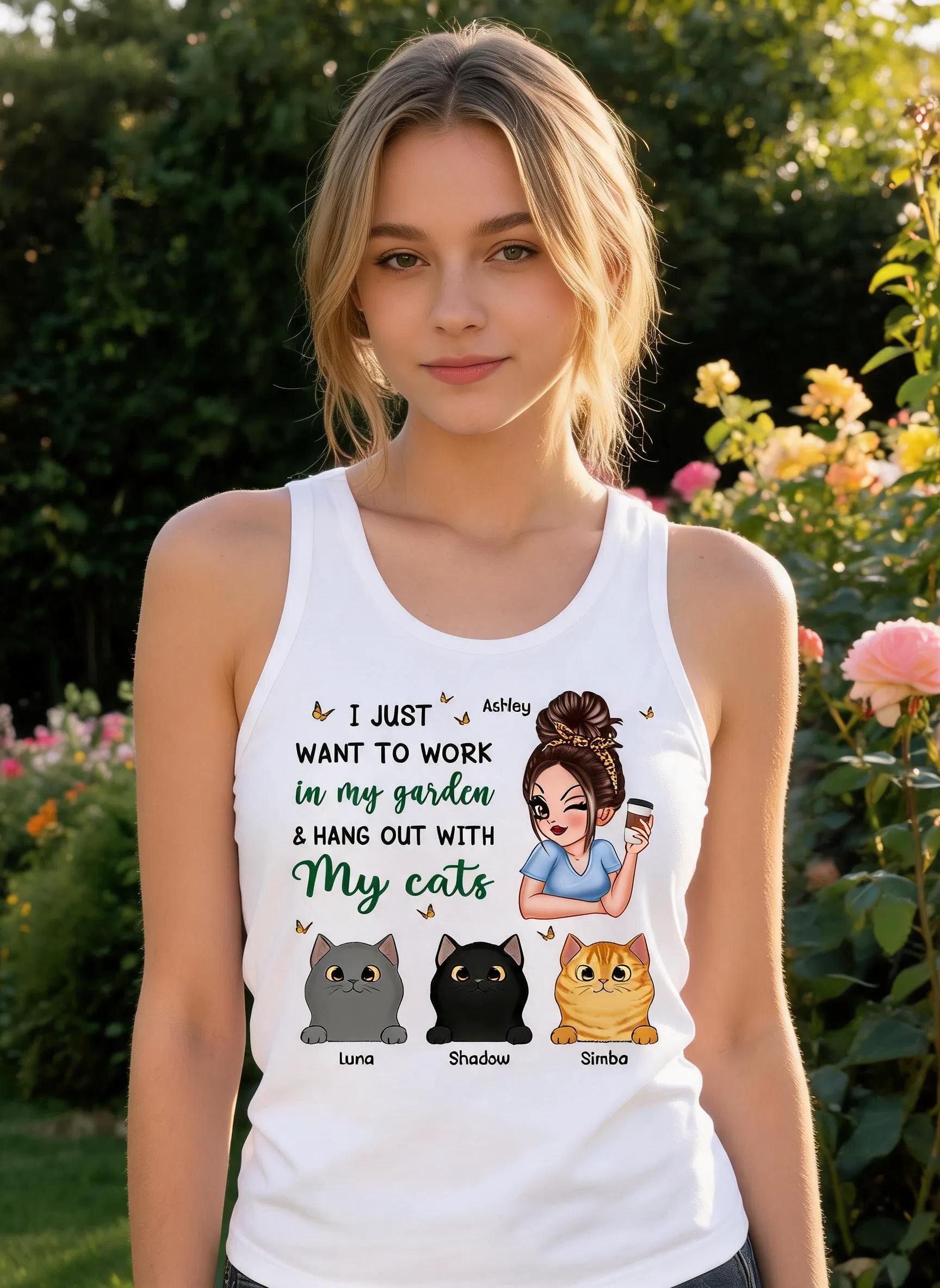 Work In My Garden And Hang Out With My Cats Plant Lady Personalized Tank Top — White