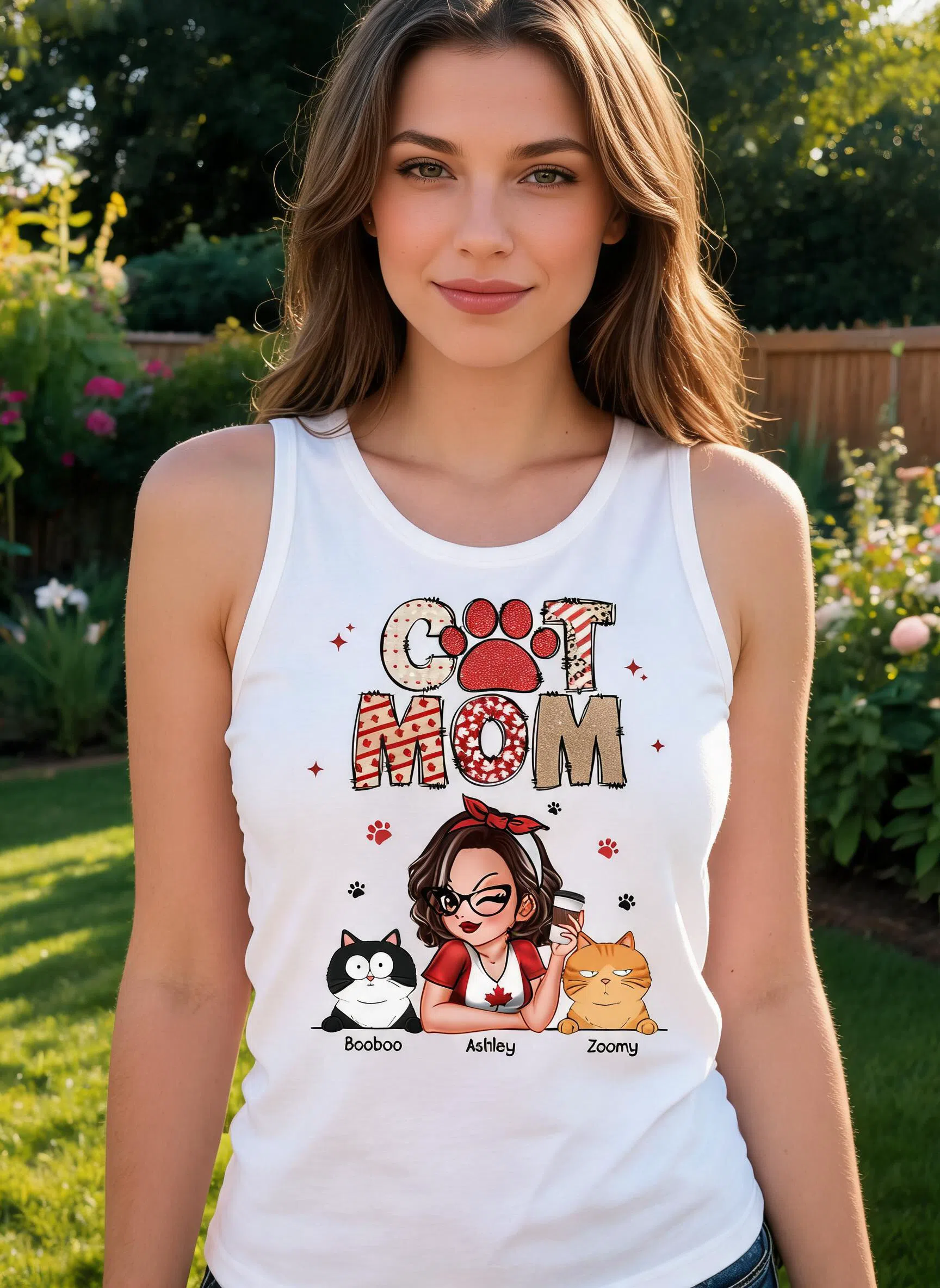 Cat Mom Canada Flag Sparkly Pattern Personalized Tank Top, Canada Day — White