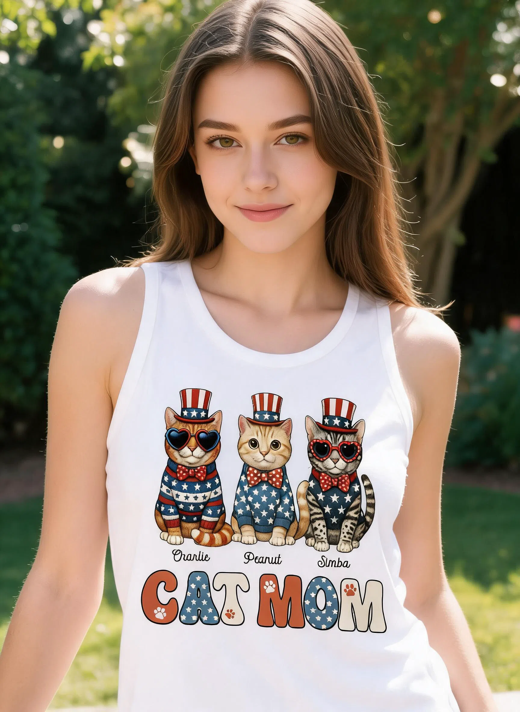 Retro Vintage Cat Mom 4th Of July Personalized Tank Top β White