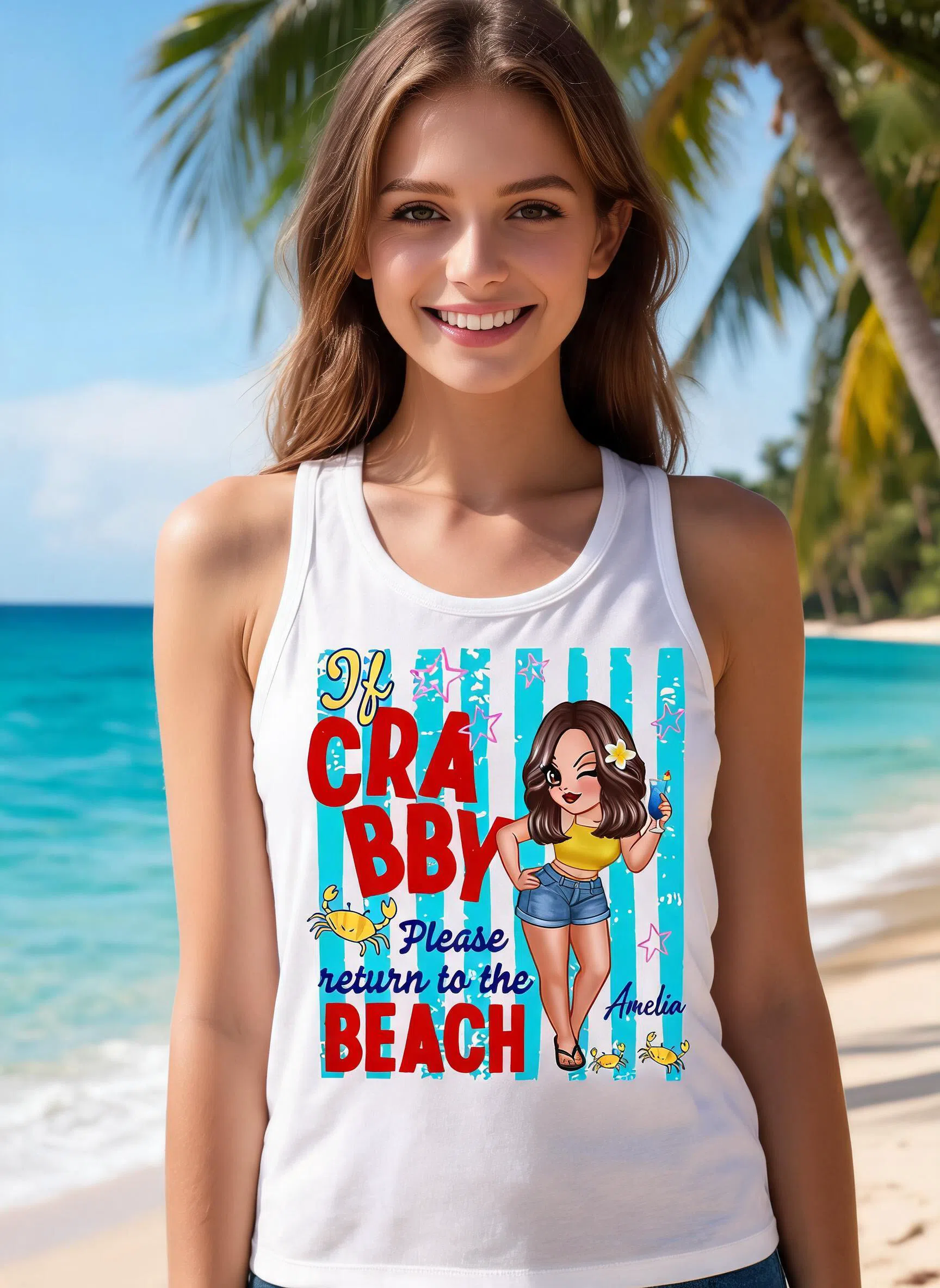 If Crabby Please Return to the Beach, Funny Sassy Summer Vacation Tank Top - Personalized Tank Top — White