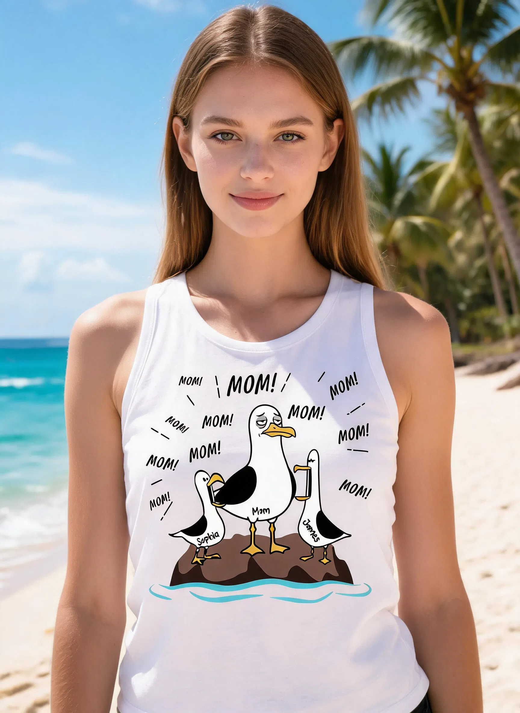 Mom Mom Mom Tired Seagull Mom With Kids - Personalized Tank Top - Funny Mother's Day Gift For Mom — White