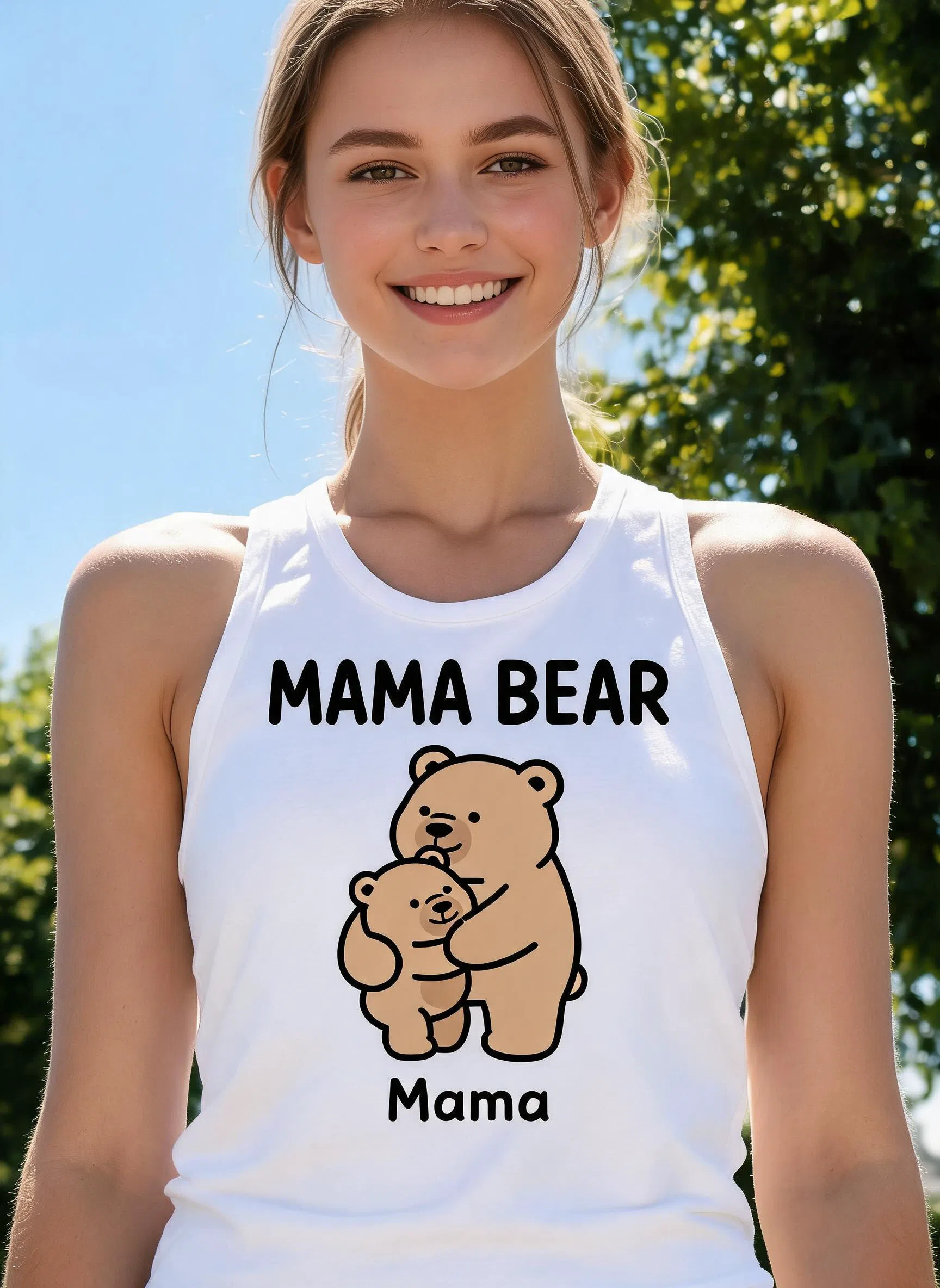 Mama Bear Personalized Mother's Day Tank Top - Custom Name Cartoon Gift for Mom β White