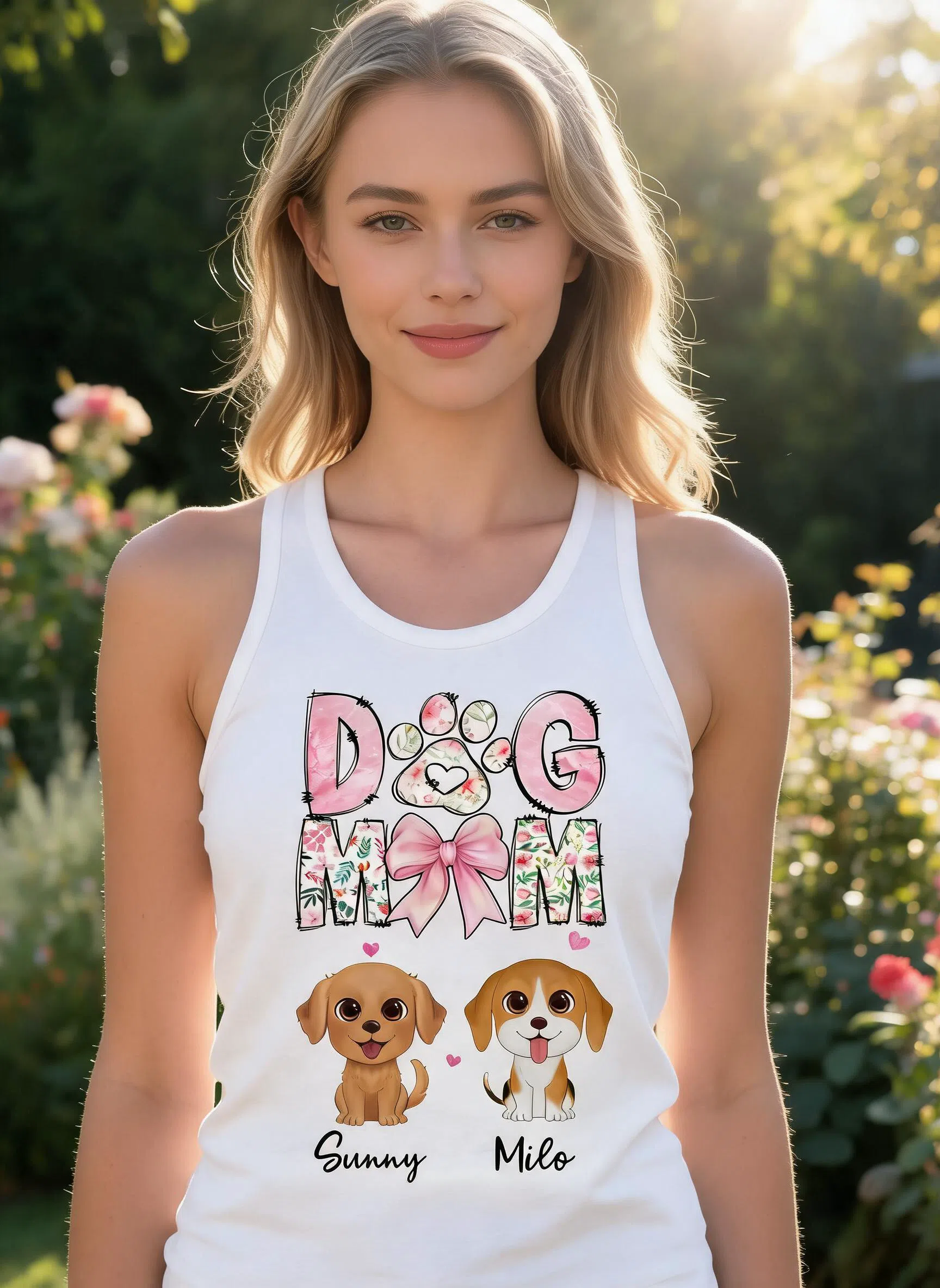 Dog Mom Pink Coquette Personalized Tank Top, Watercolor Cute Dog, Gift for Dog Moms — White