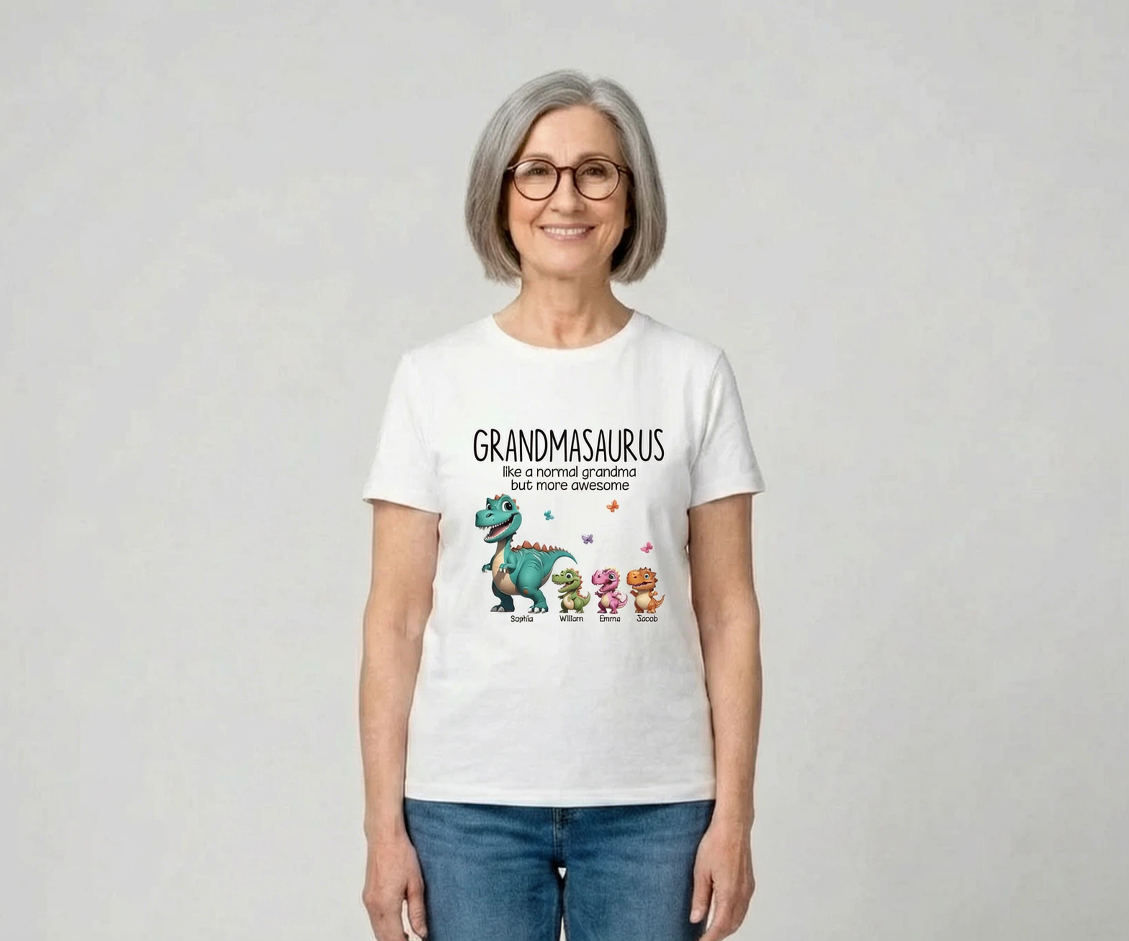 Grandmasaurus And Kids 3D Effect Dinosaurs Personalized Shirt | A Heartfelt Gift for Grandma's Birthday, Mother's Day, or Just Because — White