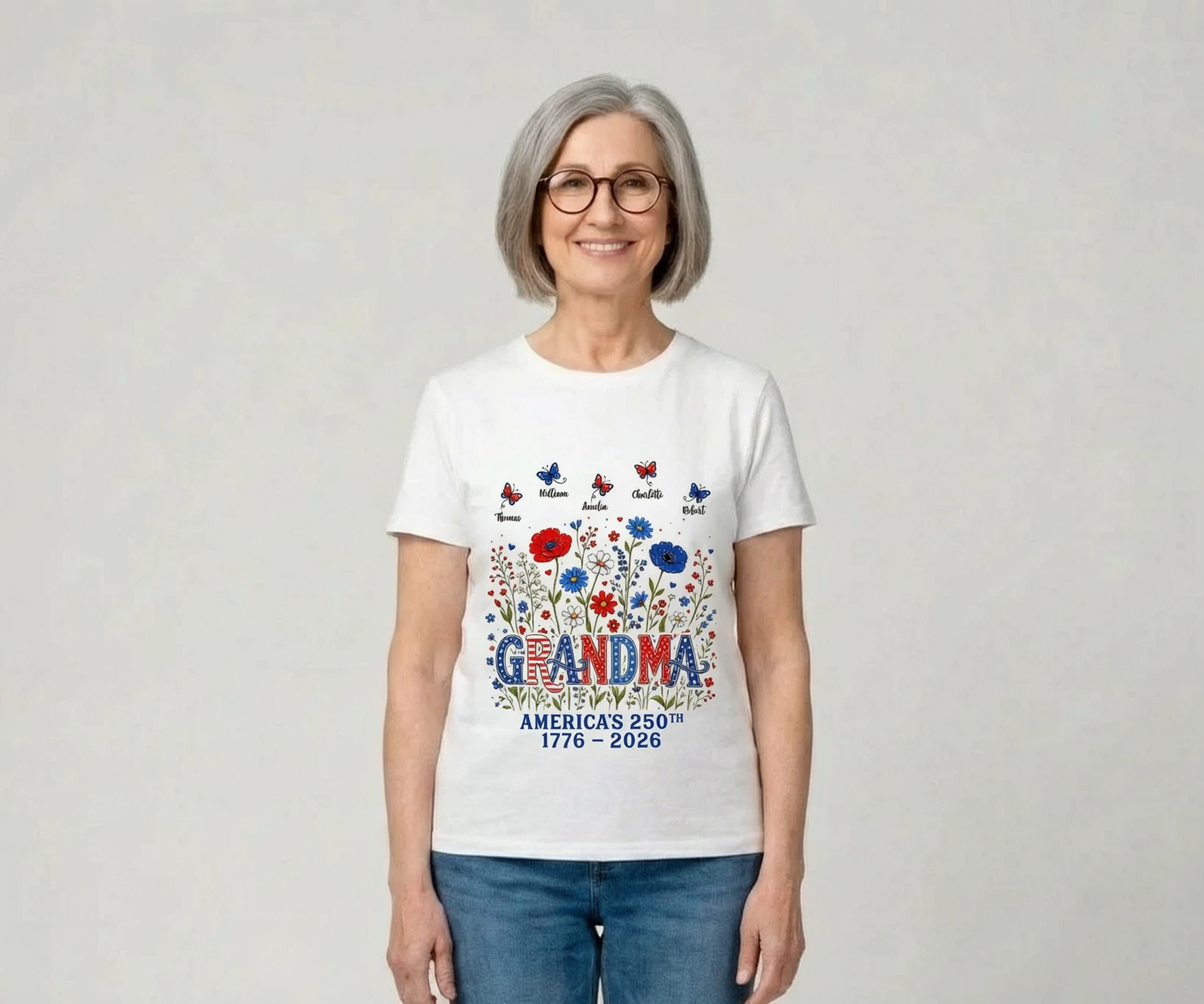 Proud Mom Grandma Nation Flag Flowers American 250th Anniversary - Personalized Shirt - Gift For Mom, Grandma — White
